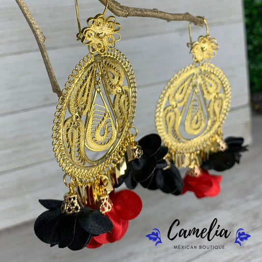 Oaxacan Filigree Fabric Flower Earrings - Red