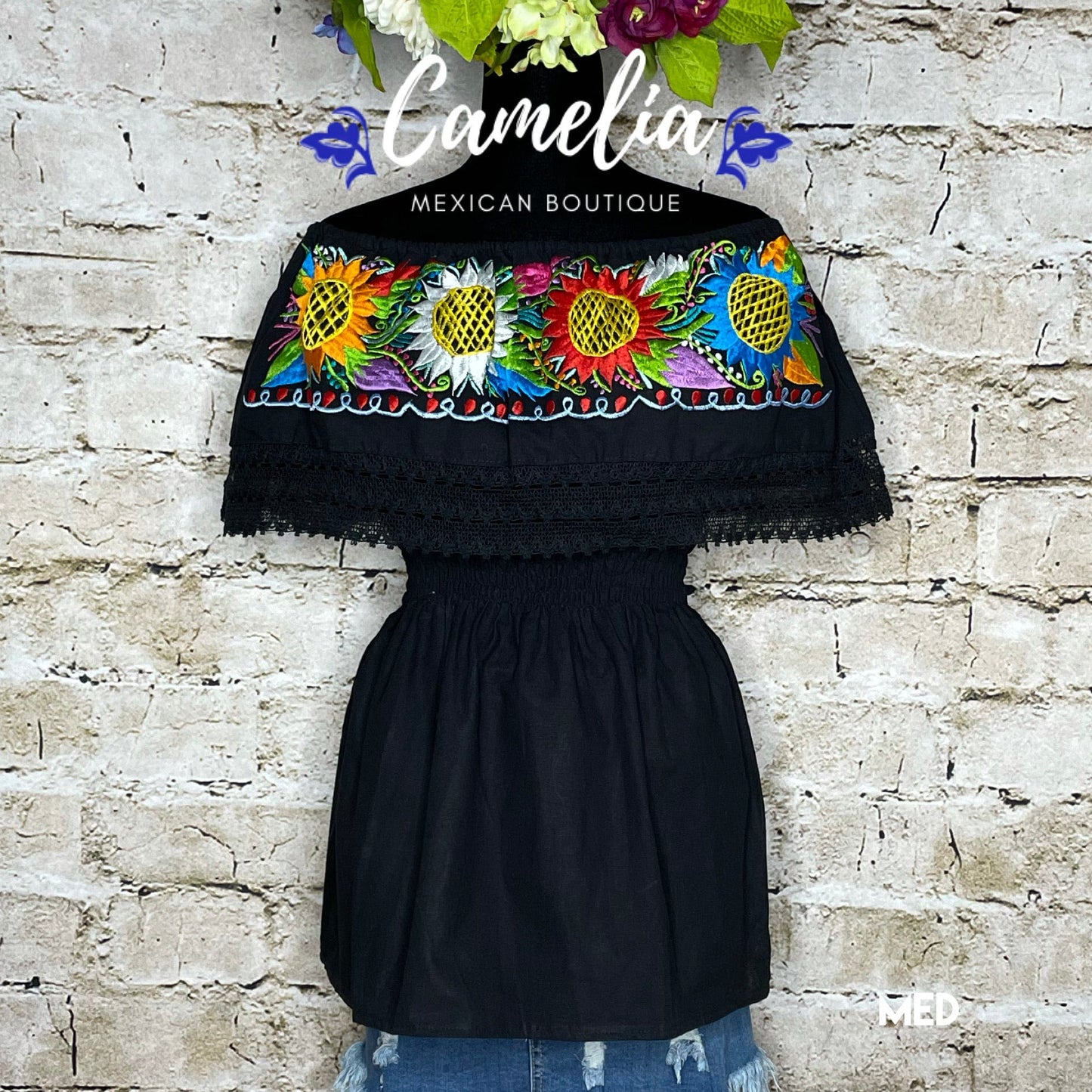 Off Shoulder Mexican Blouse Elastic Waist Peplum Sunflower