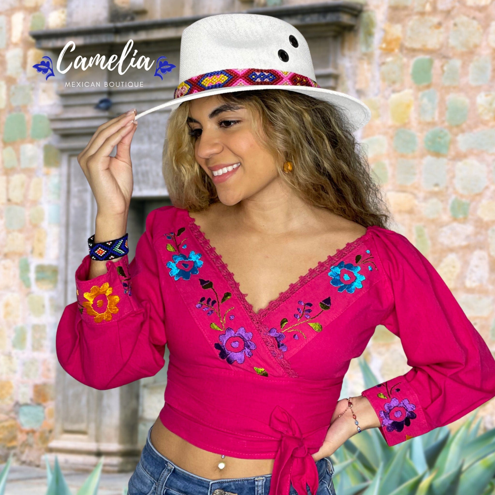 Off Shoulder Tie Knot Cuffed Mexican Crop Top Margarita