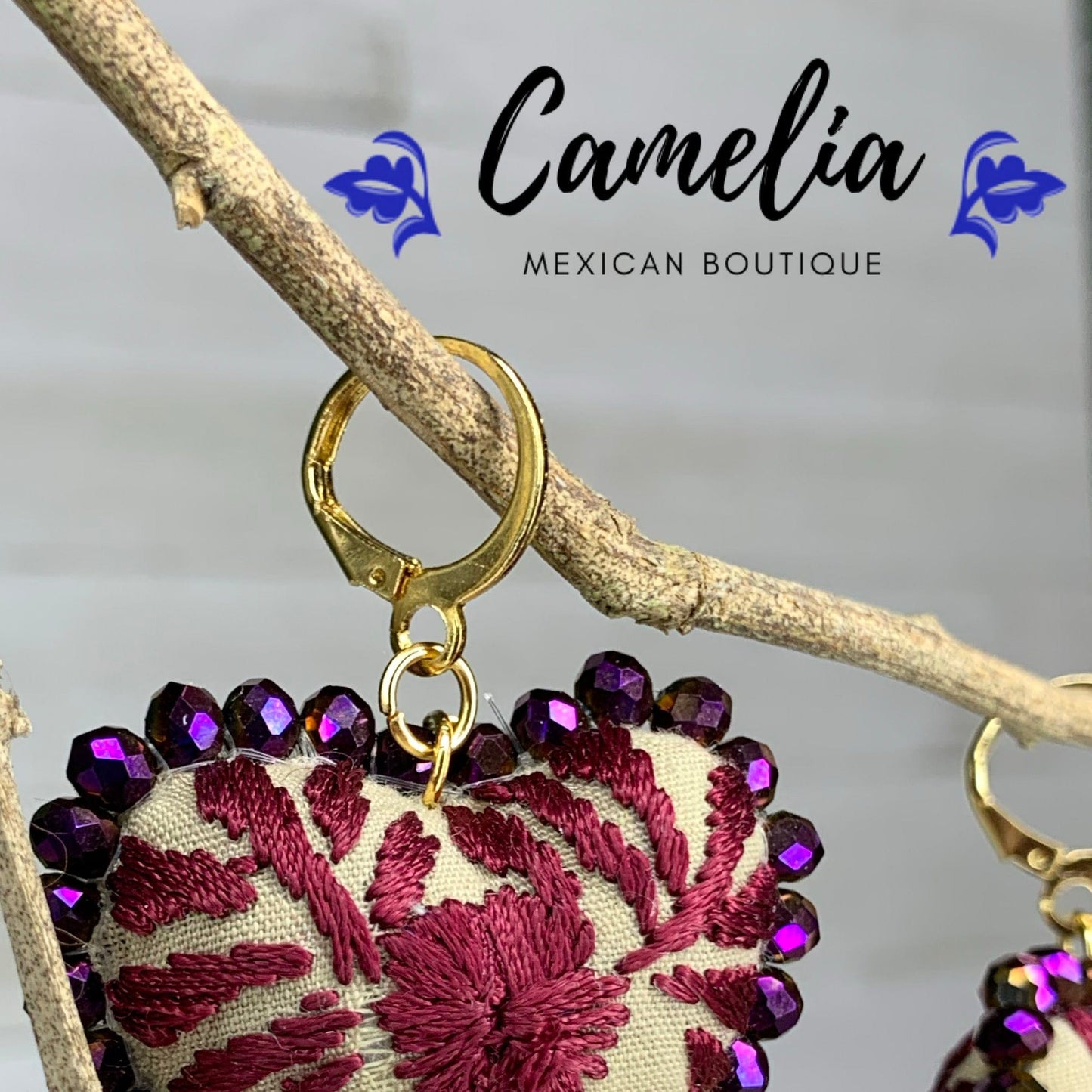 San Antonino Embroidered Heart Tasseled Earrings - Plum