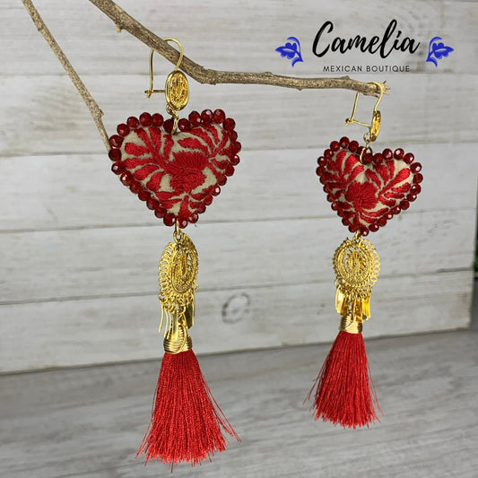 San Antonino Filigree Embroidered Heart Tasseled Earrings - Red