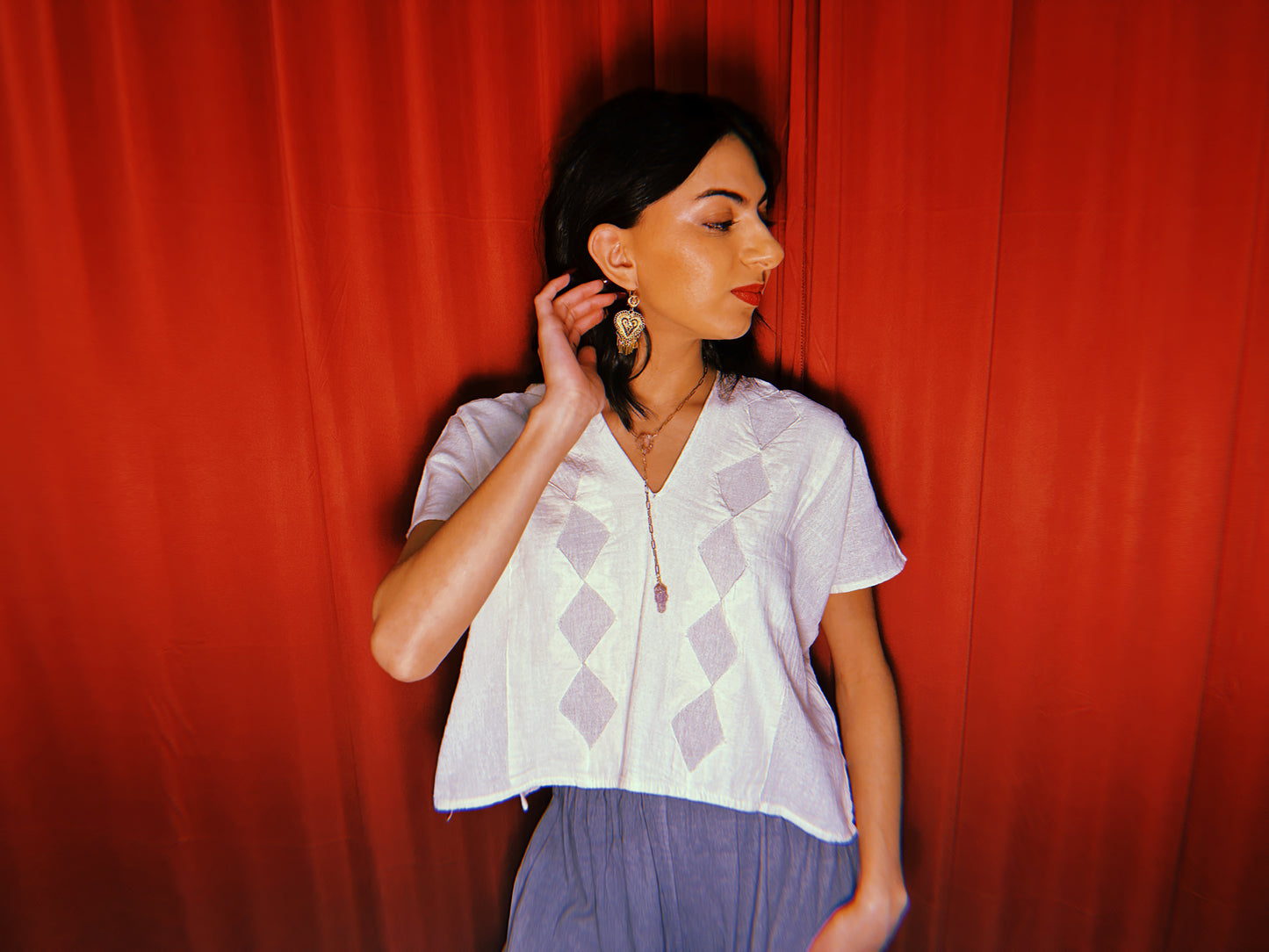 Huipil Diamond detail V-neck Gauze Blouse