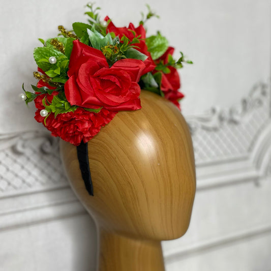 Frida Floral Headband - Red Roses w/Pearls