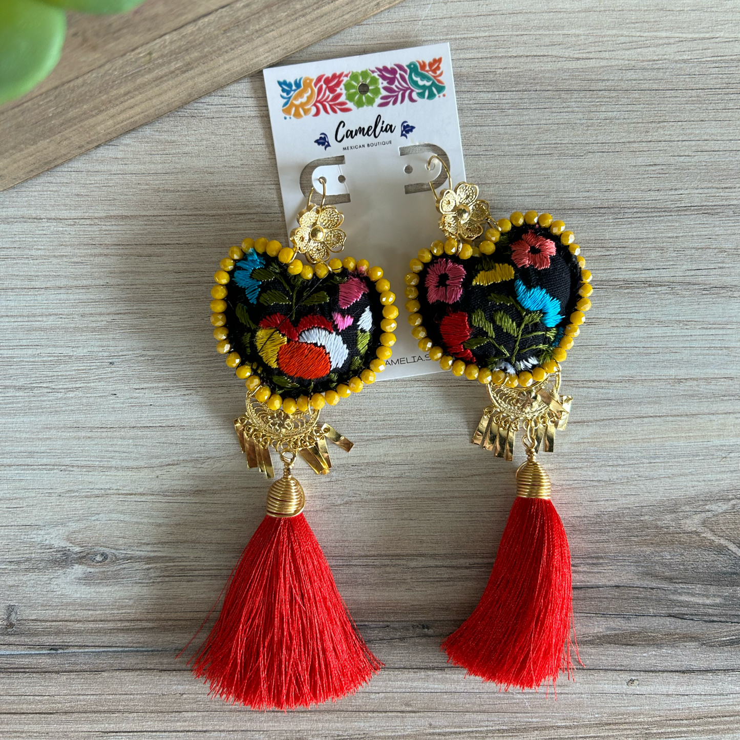 San Antonino Mexican Embroidered Heart Earrings - Red