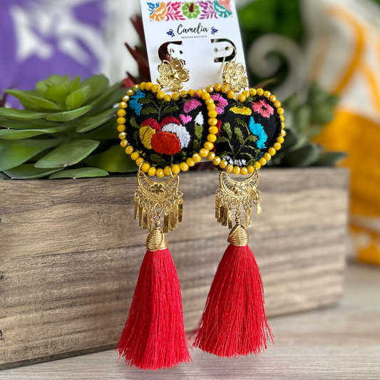 San Antonino Mexican Embroidered Heart Earrings - Red
