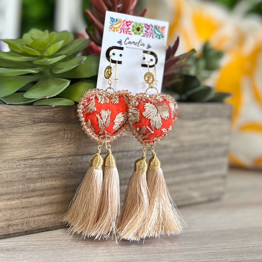 San Antonino Mexican Embroidered Heart Earrings - Orange Gold