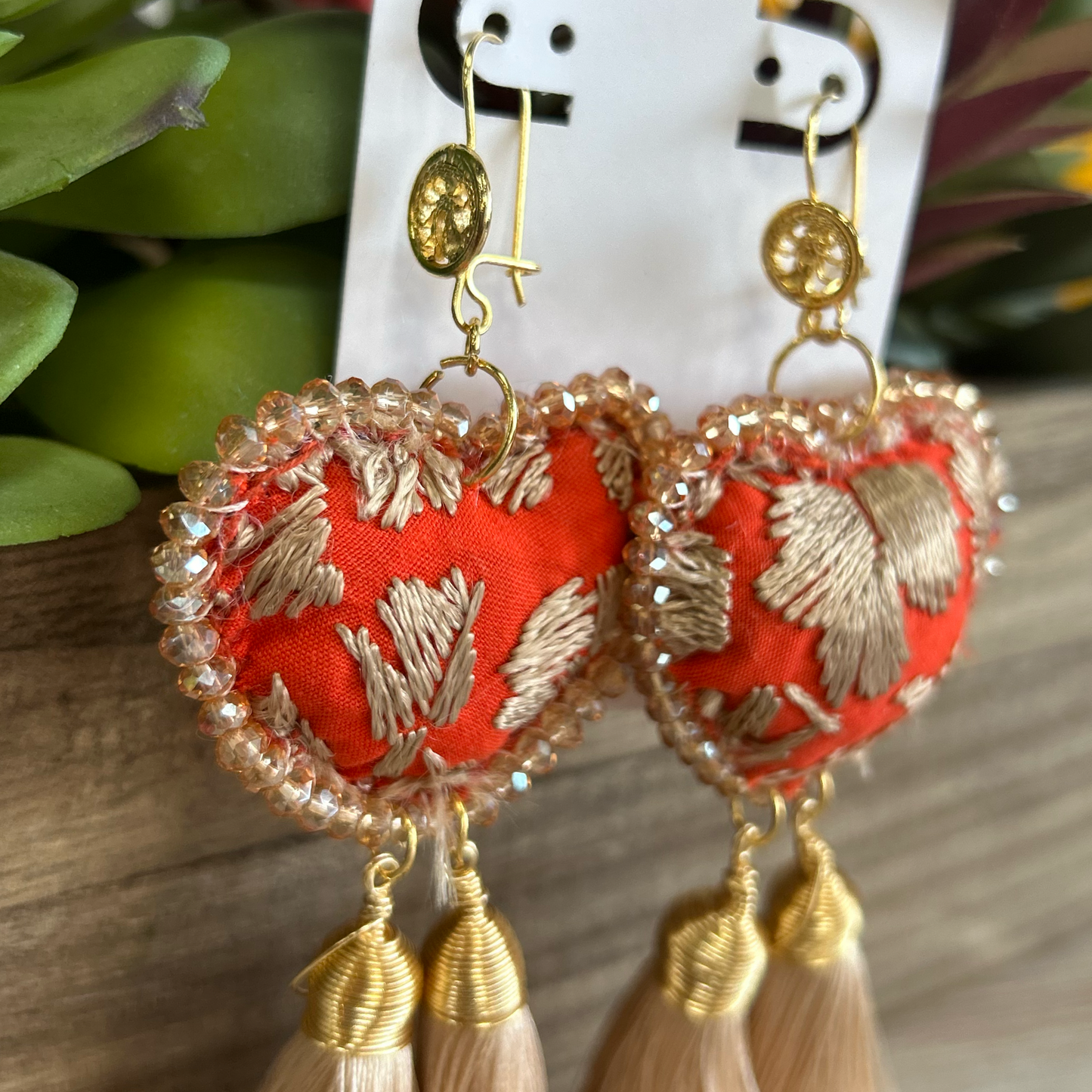 San Antonino Mexican Embroidered Heart Earrings - Orange Gold