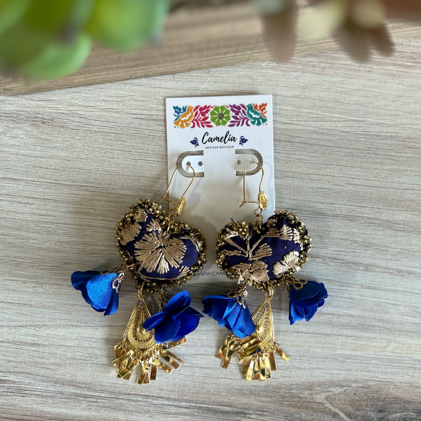 San Antonino Mexican Embroidered Heart Earrings - Navy Gold
