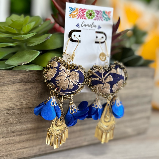 San Antonino Mexican Embroidered Heart Earrings - Navy Gold