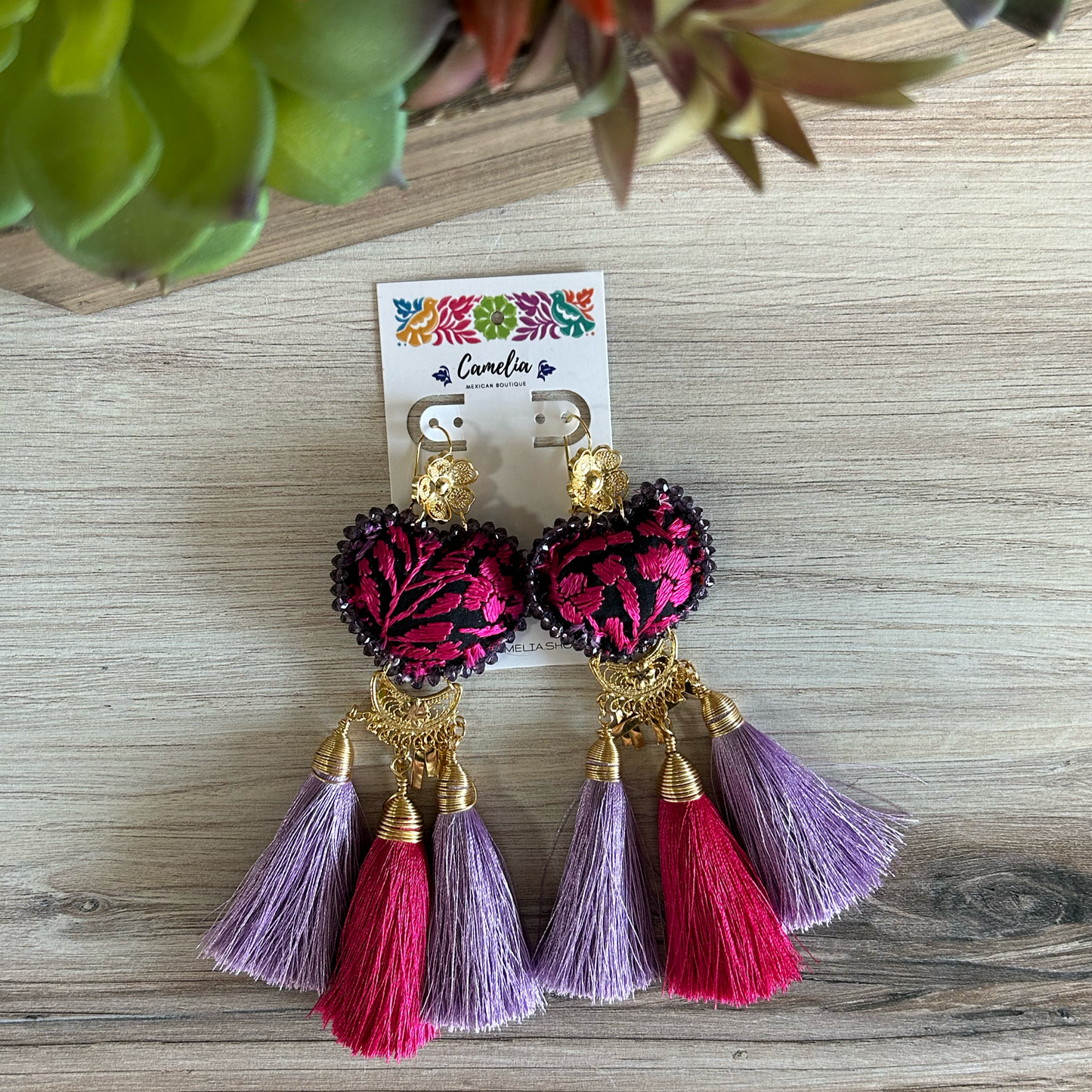San Antonino Mexican Embroidered Heart Earrings - Lilac Pink