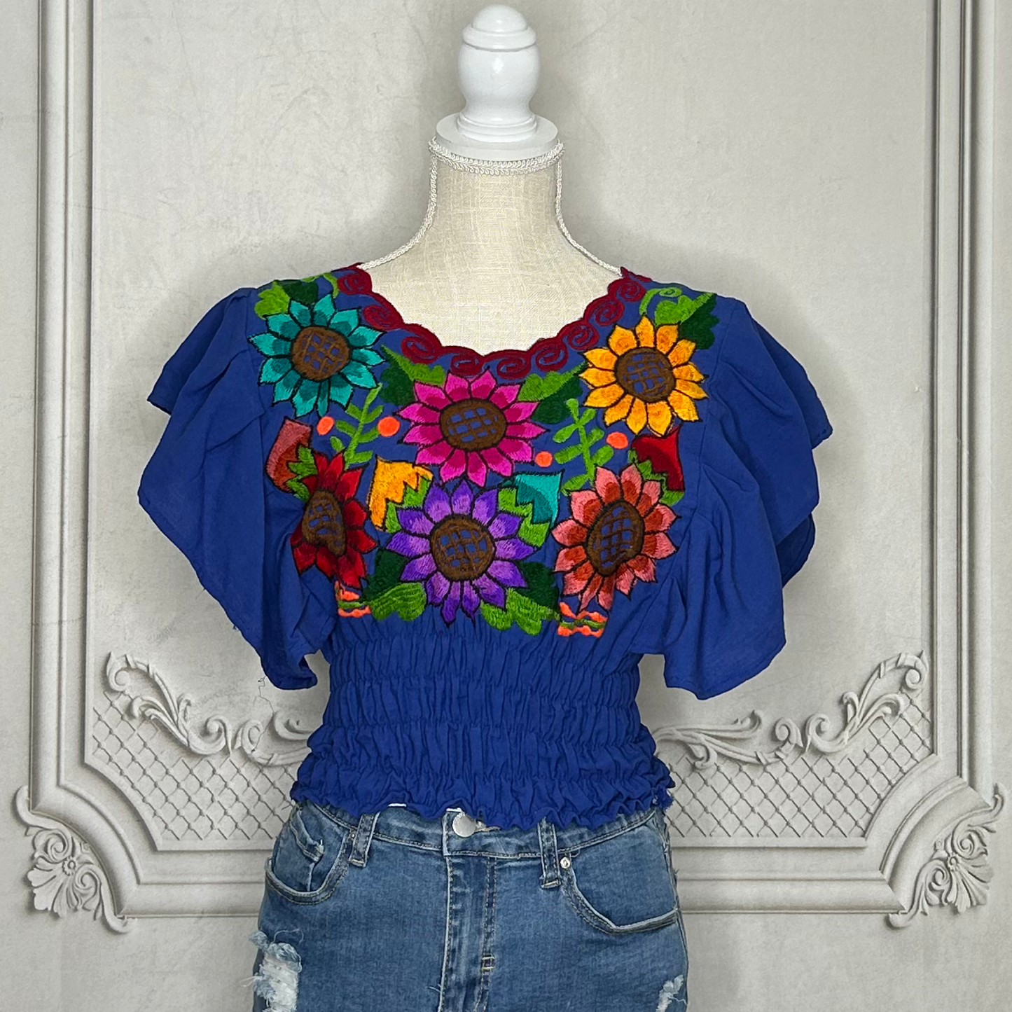 Butterfly Sleeve Mexican Crop Top Sunflower Multi