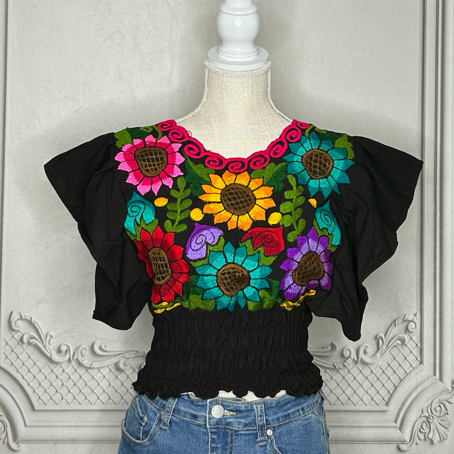 Butterfly Sleeve Mexican Crop Top Sunflower Multi
