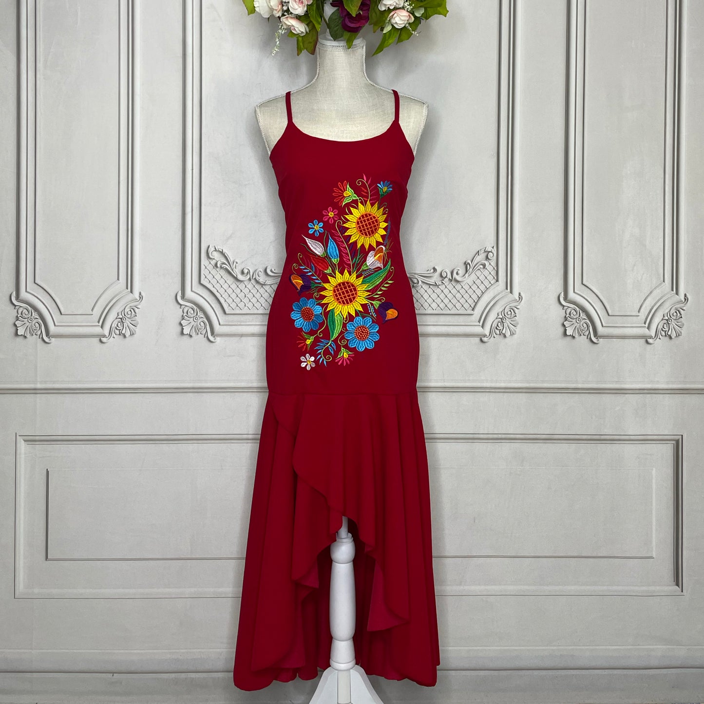 Mexican High-Low Embroidered Sunflower Dress