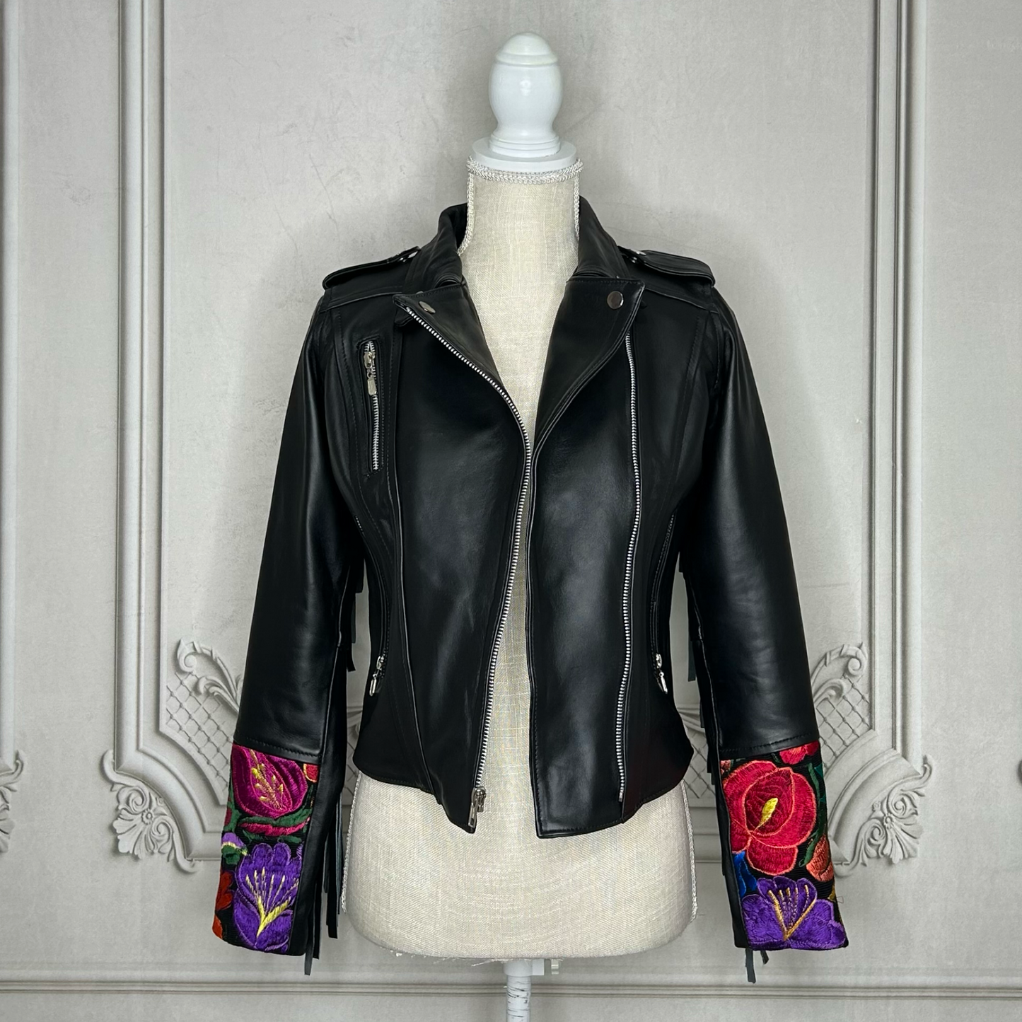 Fringed Leather Motorcycle Jacket - Zinia Embroidery