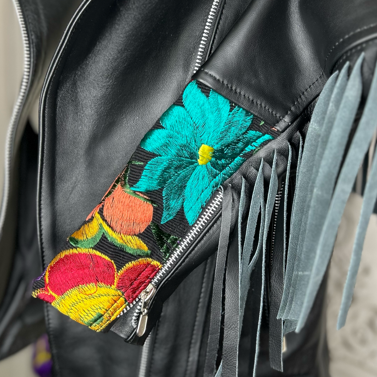 Fringed Leather Motorcycle Jacket - Zinia Embroidery