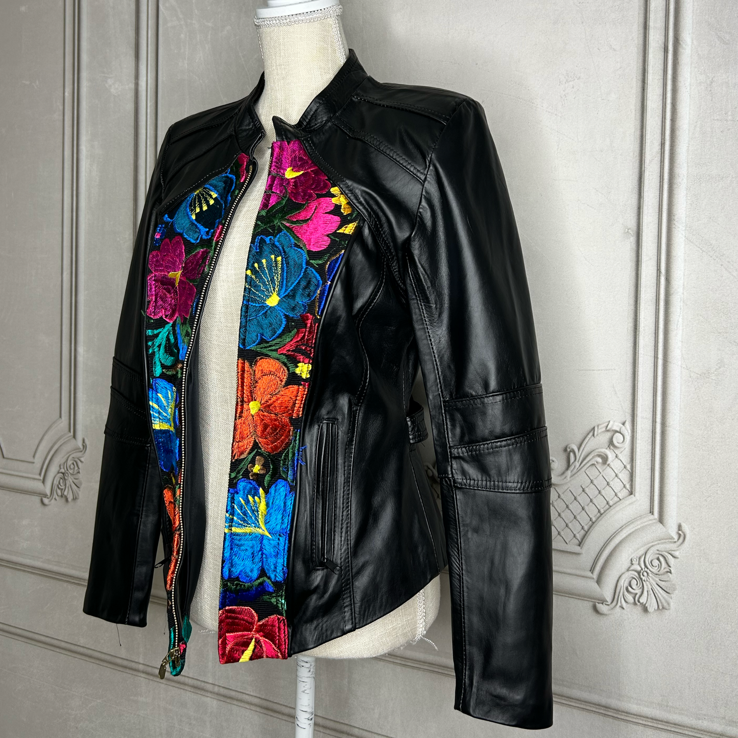 Racer Style Leather Jacket - Zinia Embroidery
