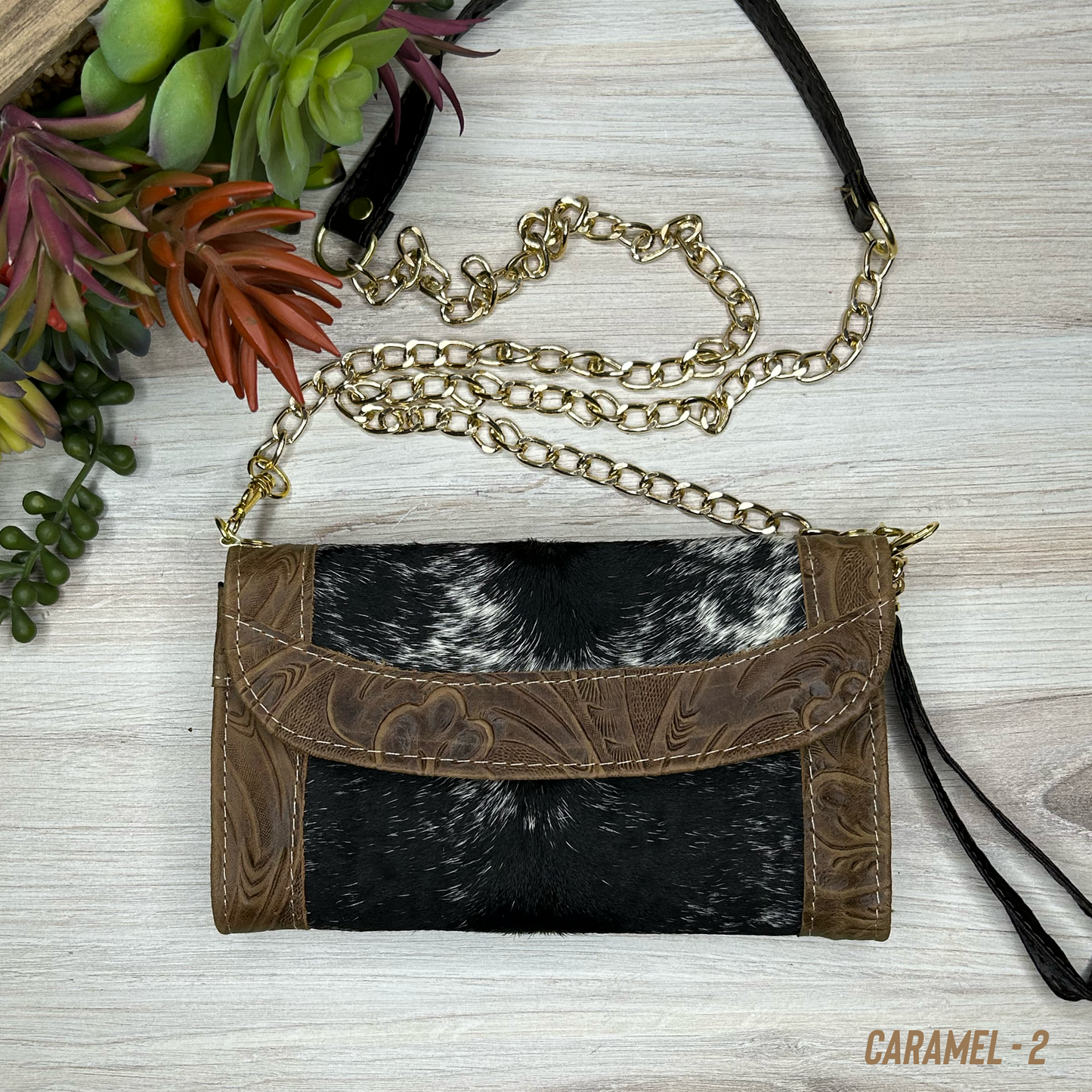 Cowhide Convertible Floral Tooled Wallet