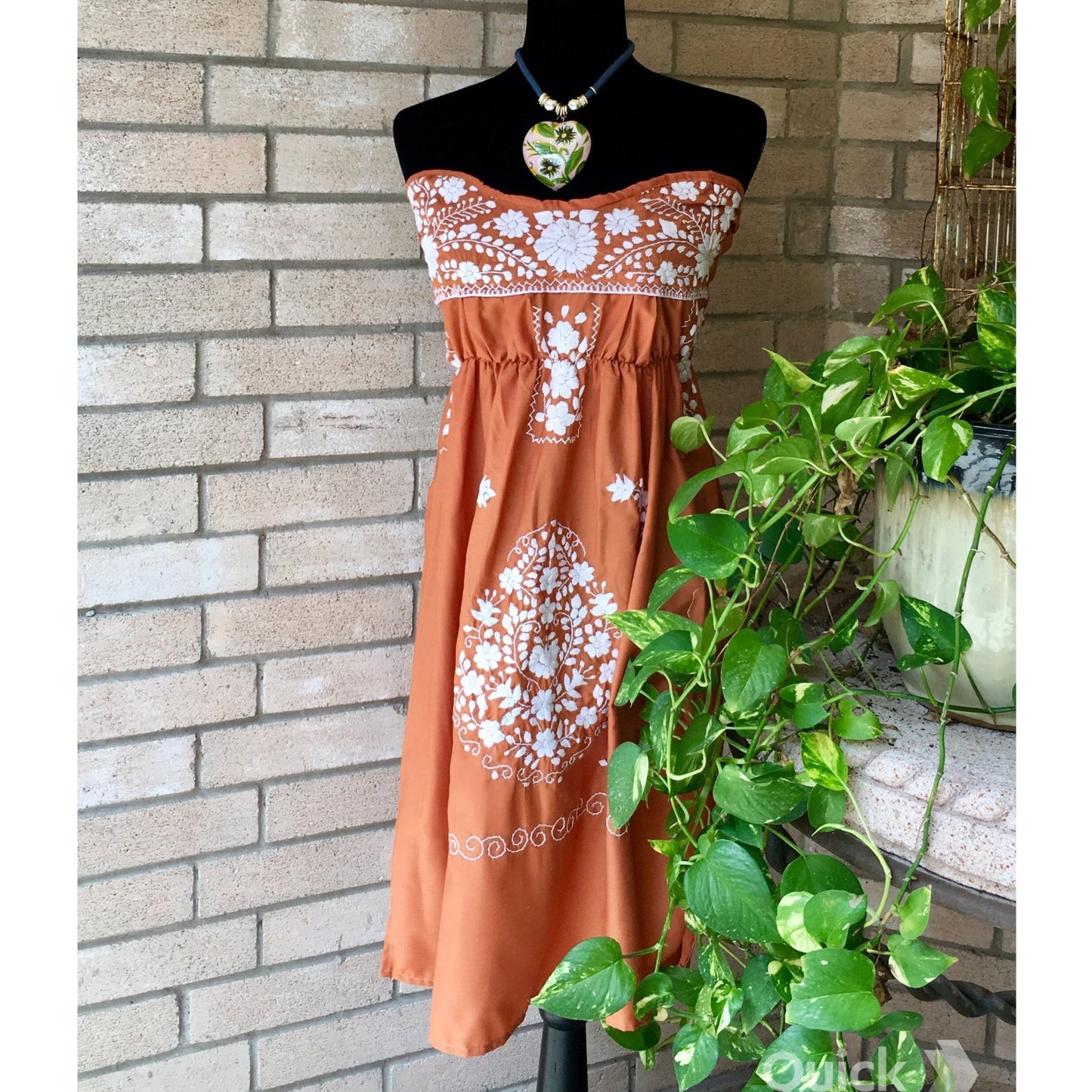 Puebla Mexican Strapless Dress  - Burnt Orange