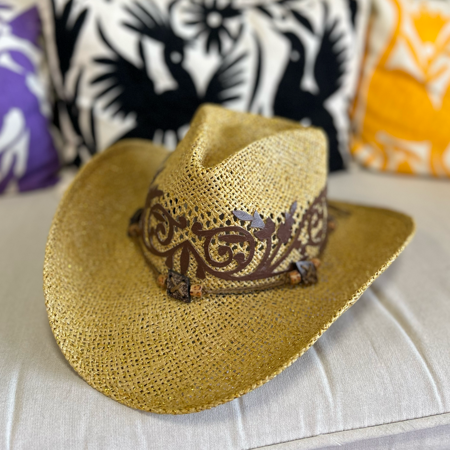 Beach Cowboy Straw Hat Sparkeld Leather Trim