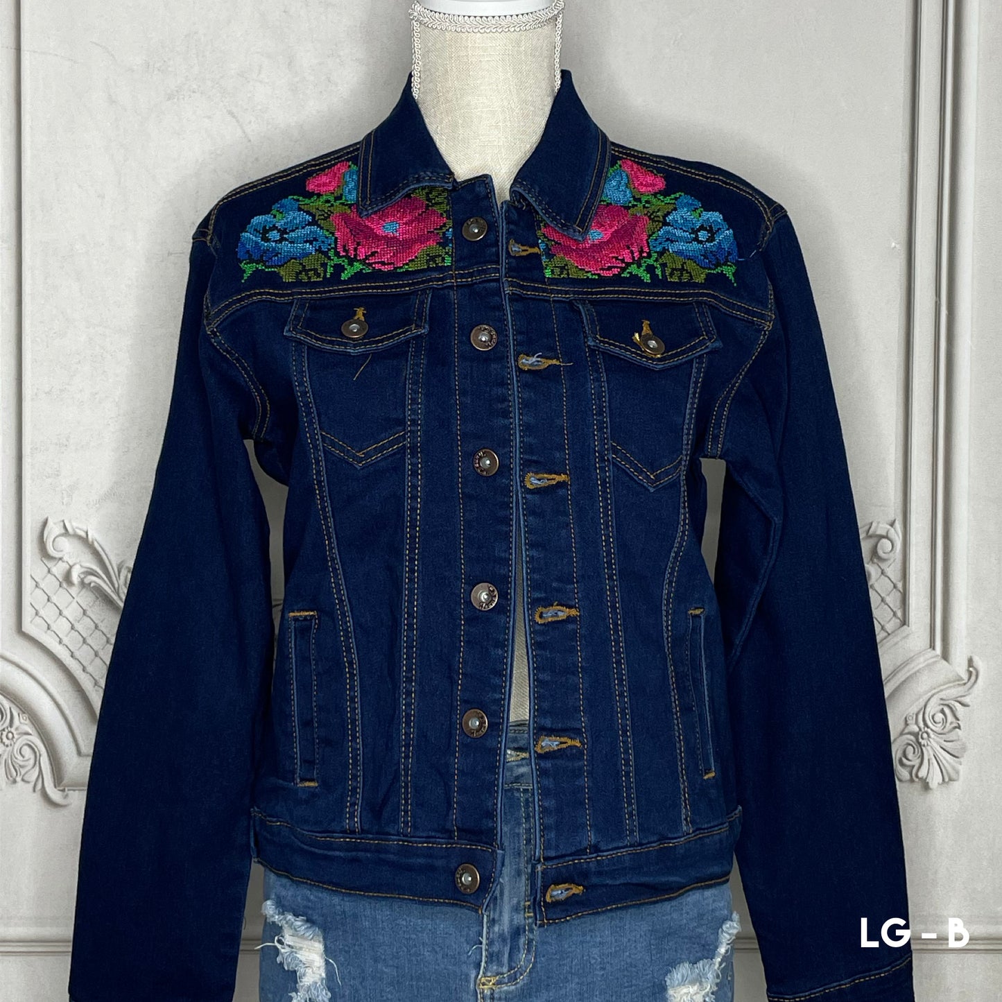 Mexican Embroidered Denim Jacket - Cross Stitch Roses