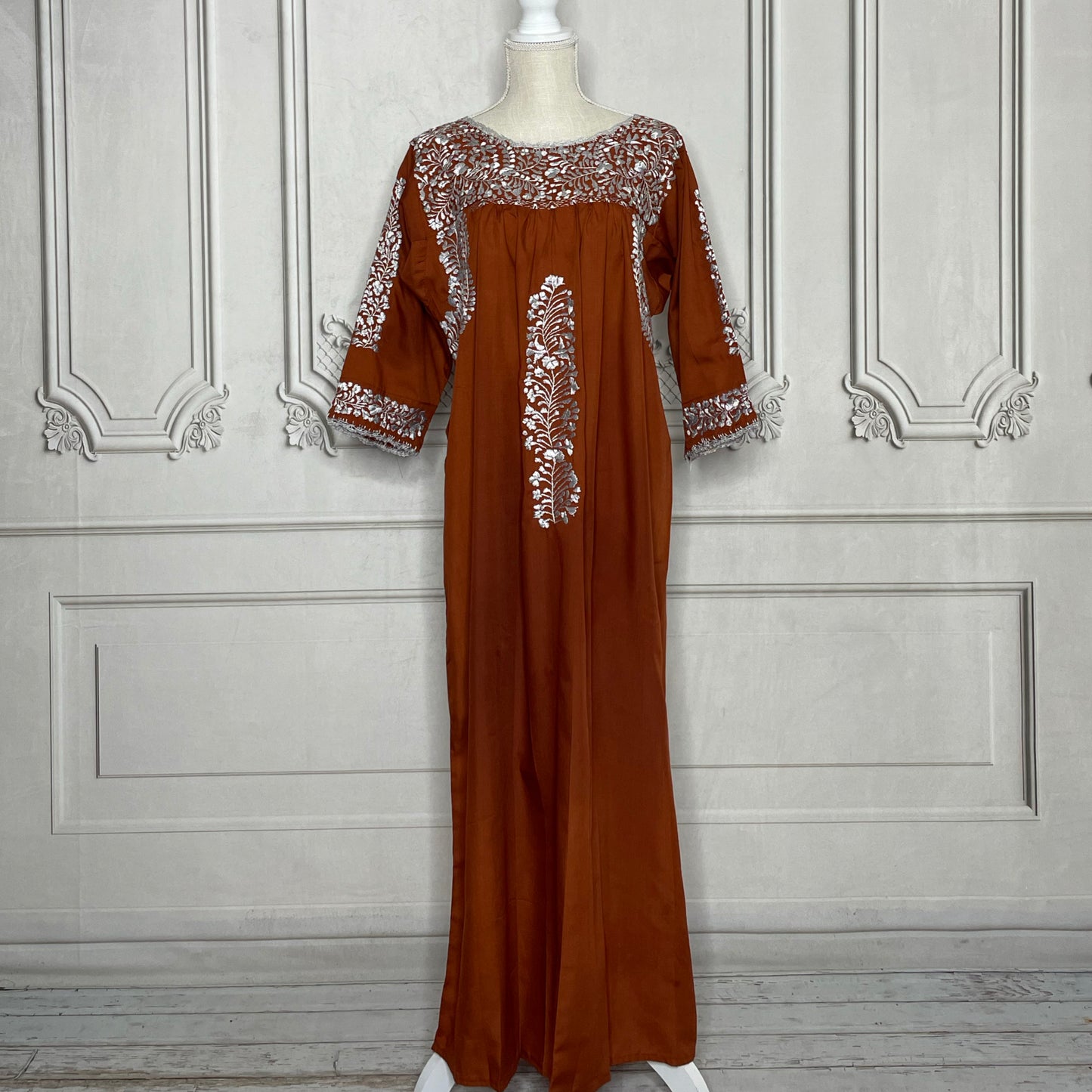 San Antonino Gala Mexican Dress - Burnt Orange 3/4 Sleeve