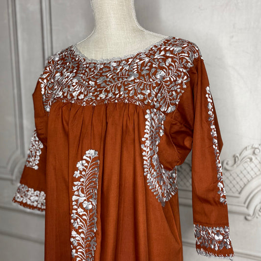 San Antonino Gala Mexican Dress - Burnt Orange 3/4 Sleeve