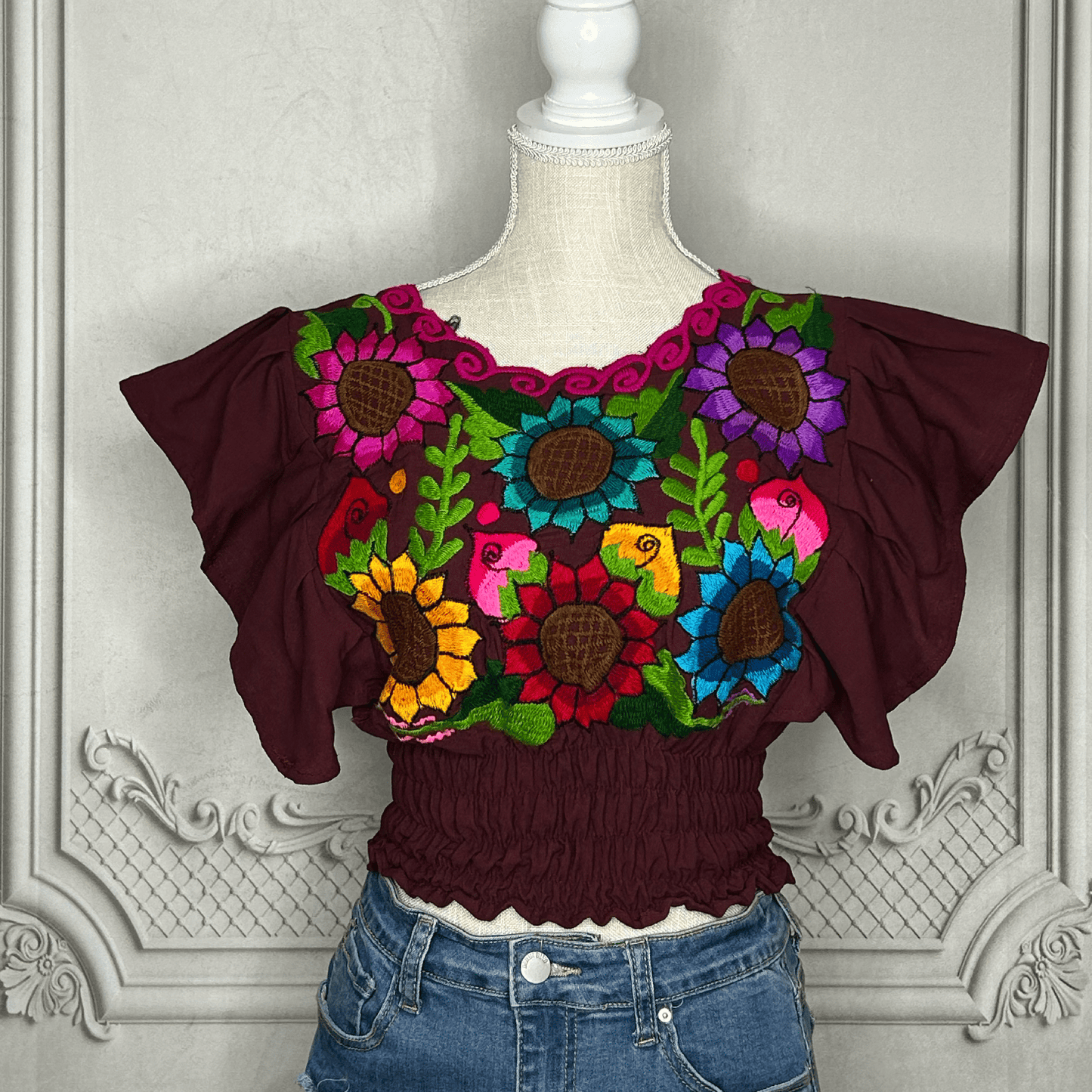 Butterfly Sleeve Mexican Crop Top Sunflower Multi