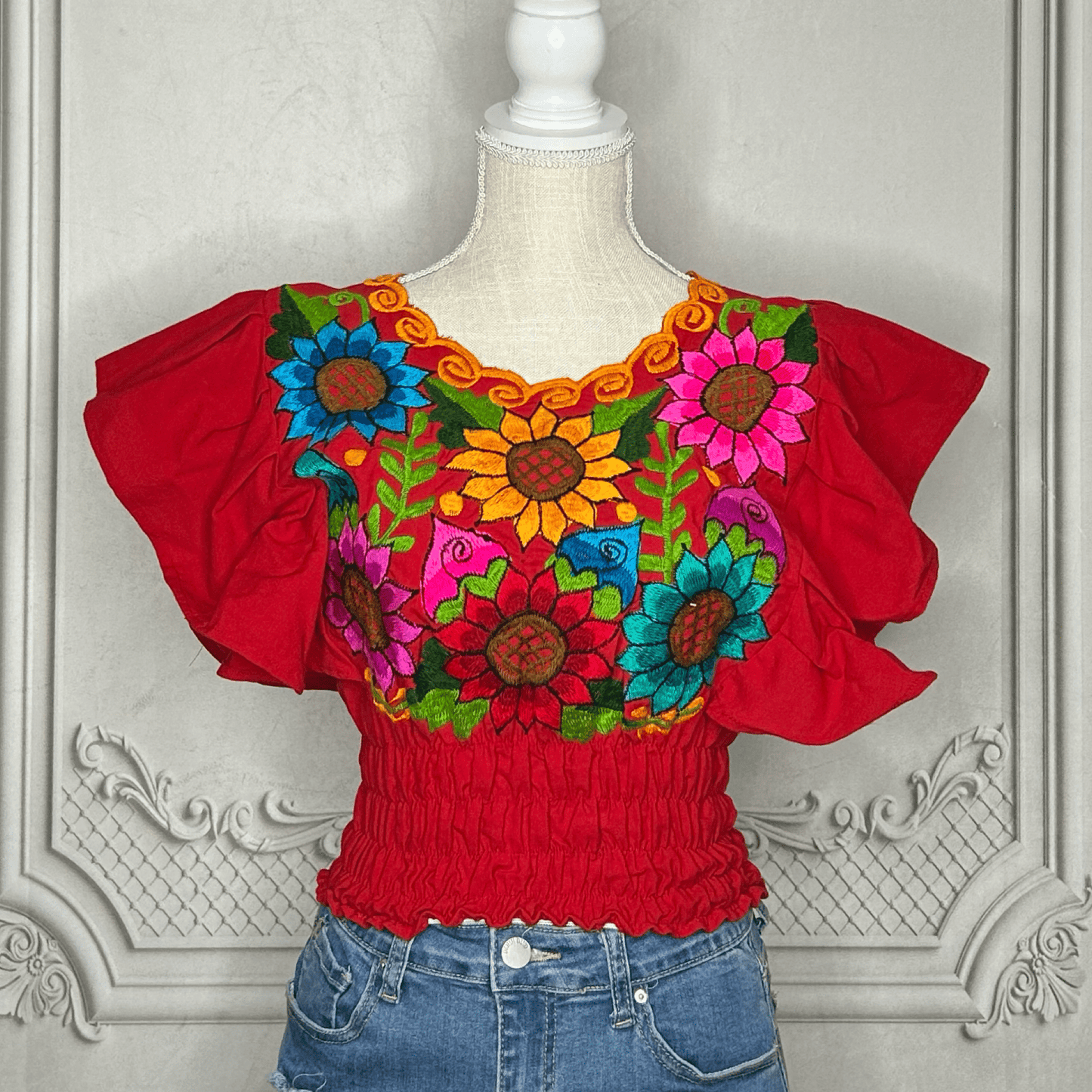 Butterfly Sleeve Mexican Crop Top Sunflower Multi