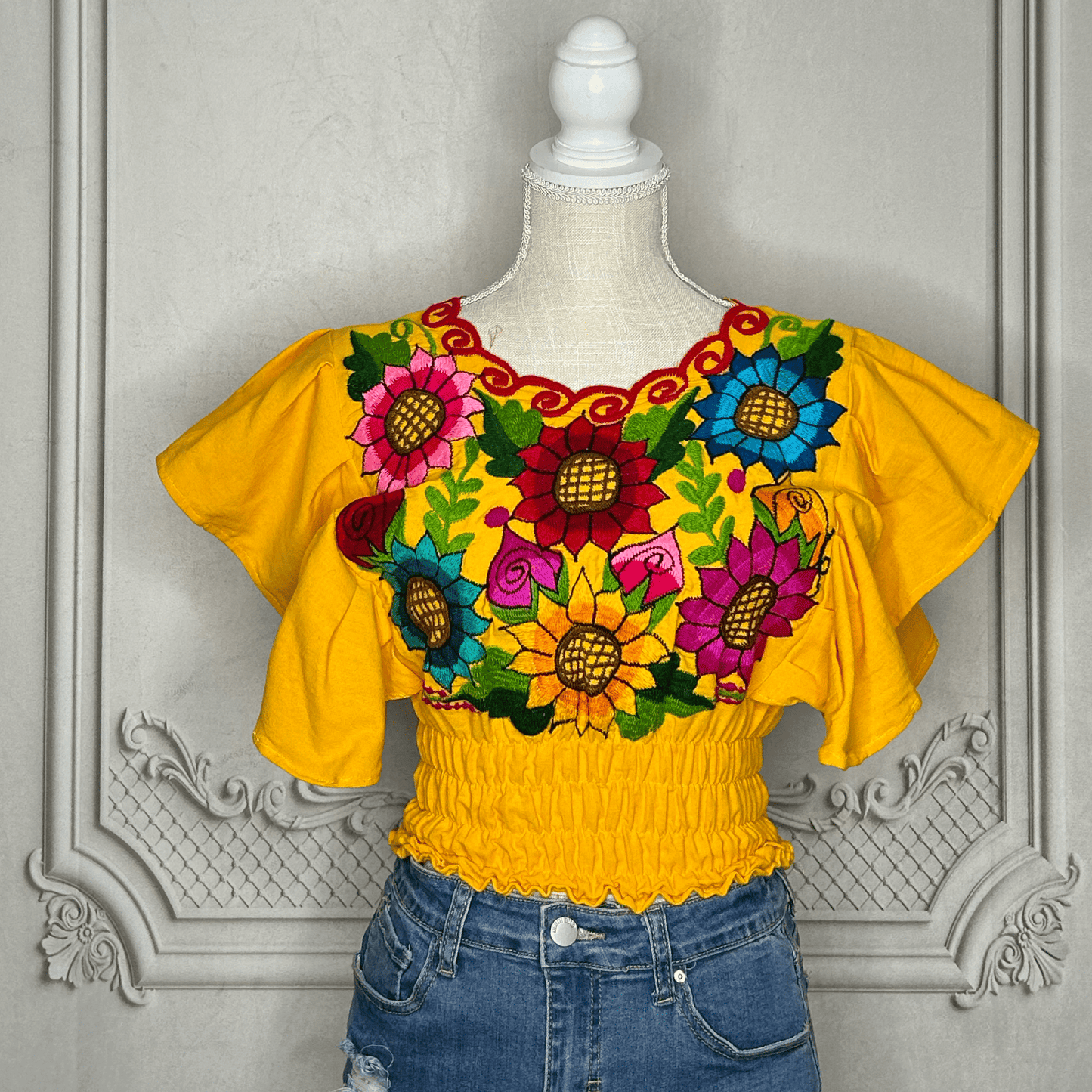 Butterfly Sleeve Mexican Crop Top Sunflower Multi