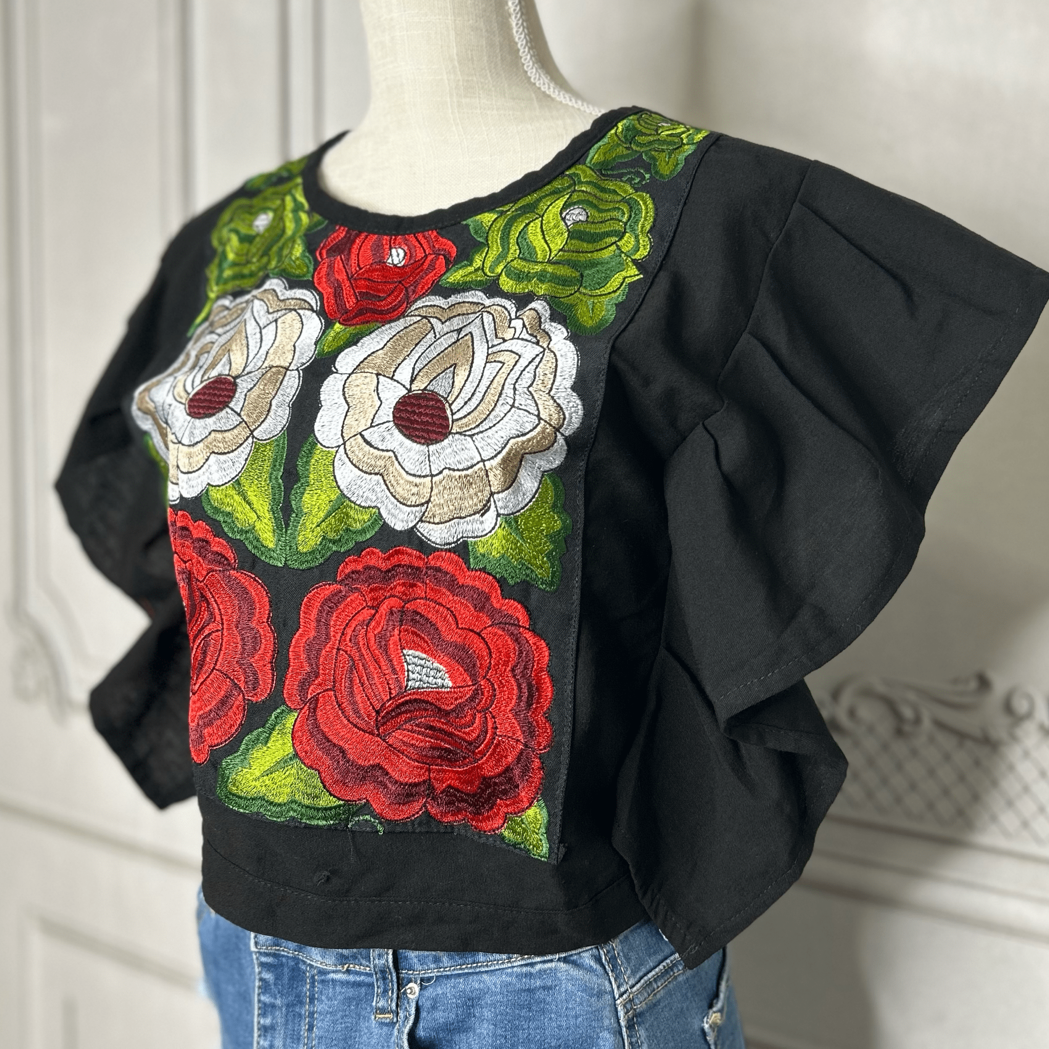 Butterfly Sleeve Tri -Color Mexican Blouse - VIVA MEXICO Butterfly Sleeve Tri -Color Mexican Blouse - VIVA MEXICO