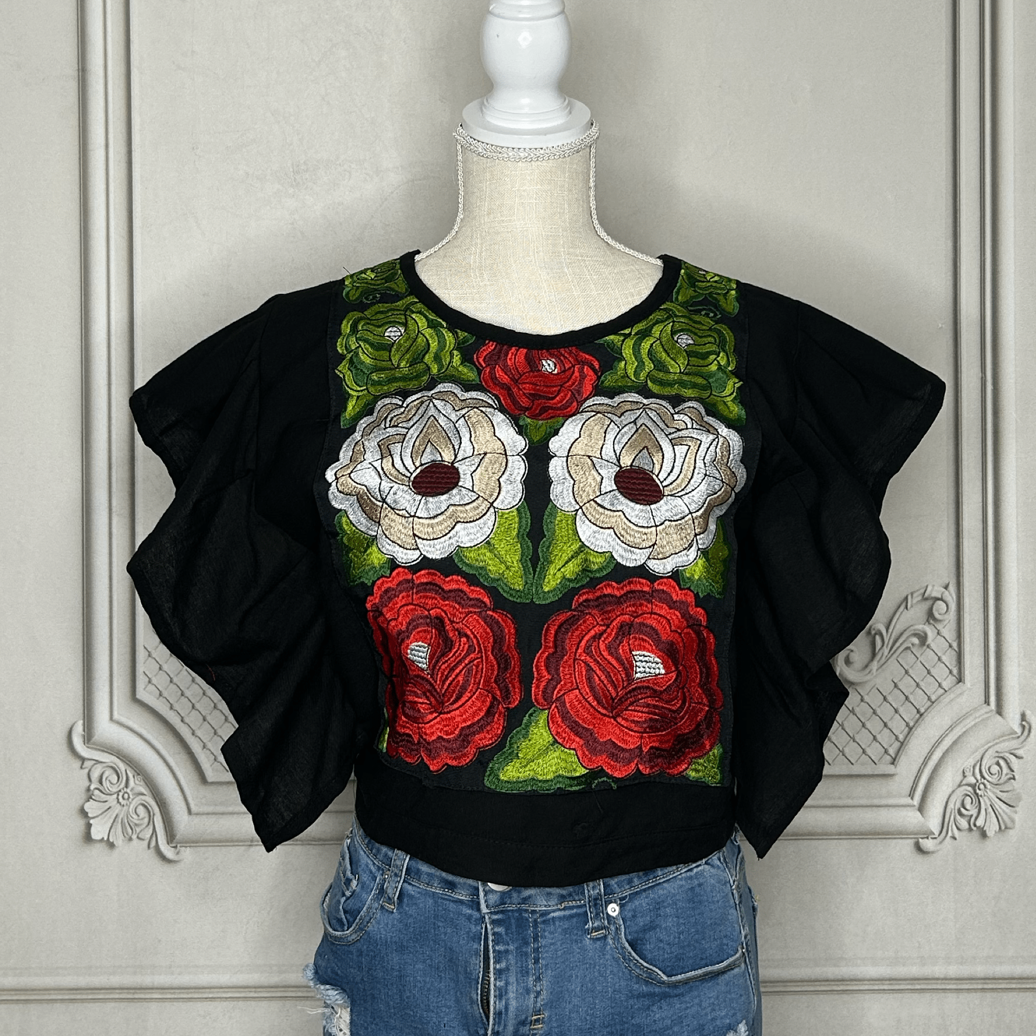 Butterfly Sleeve Tri -Color Mexican Blouse - VIVA MEXICO Butterfly Sleeve Tri -Color Mexican Blouse - VIVA MEXICO