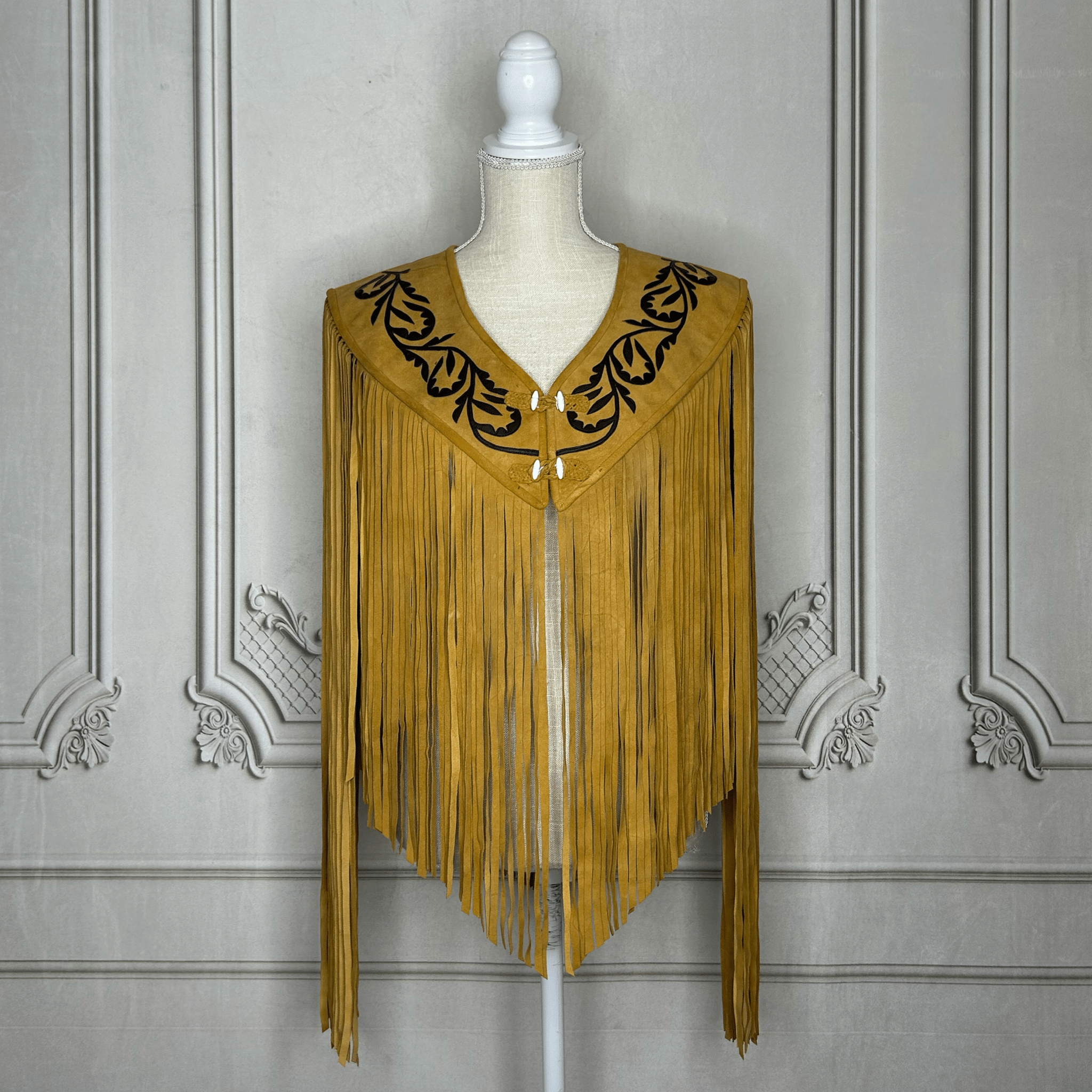Chalina Tamaulipeca Leather Fringed Cape - Caramel w/ Black Chalina Tamaulipeca Leather Fringed Cape - Caramel w/ Black