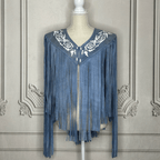 Chalina Tamaulipeca Leather Fringed Cape - Denim w/ White Chalina Tamaulipeca Leather Fringed Cape - Denim w/ White