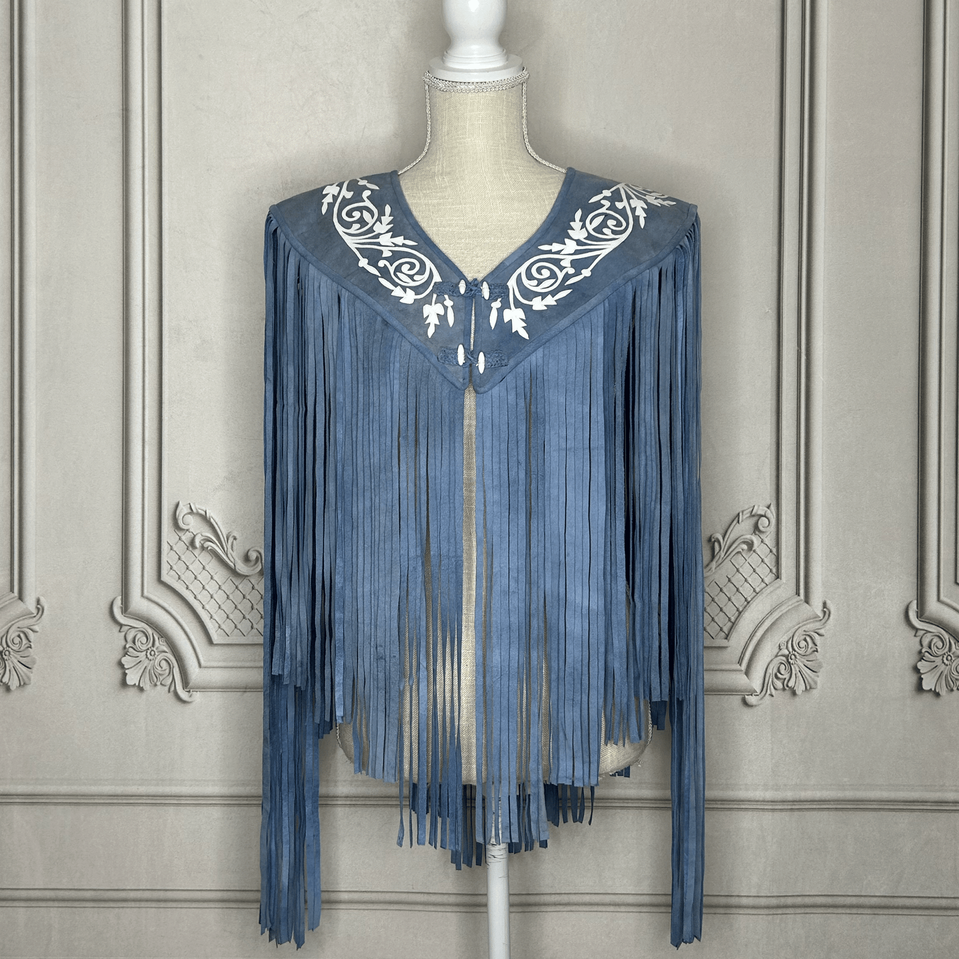 Chalina Tamaulipeca Leather Fringed Cape - Denim w/ White Chalina Tamaulipeca Leather Fringed Cape - Denim w/ White
