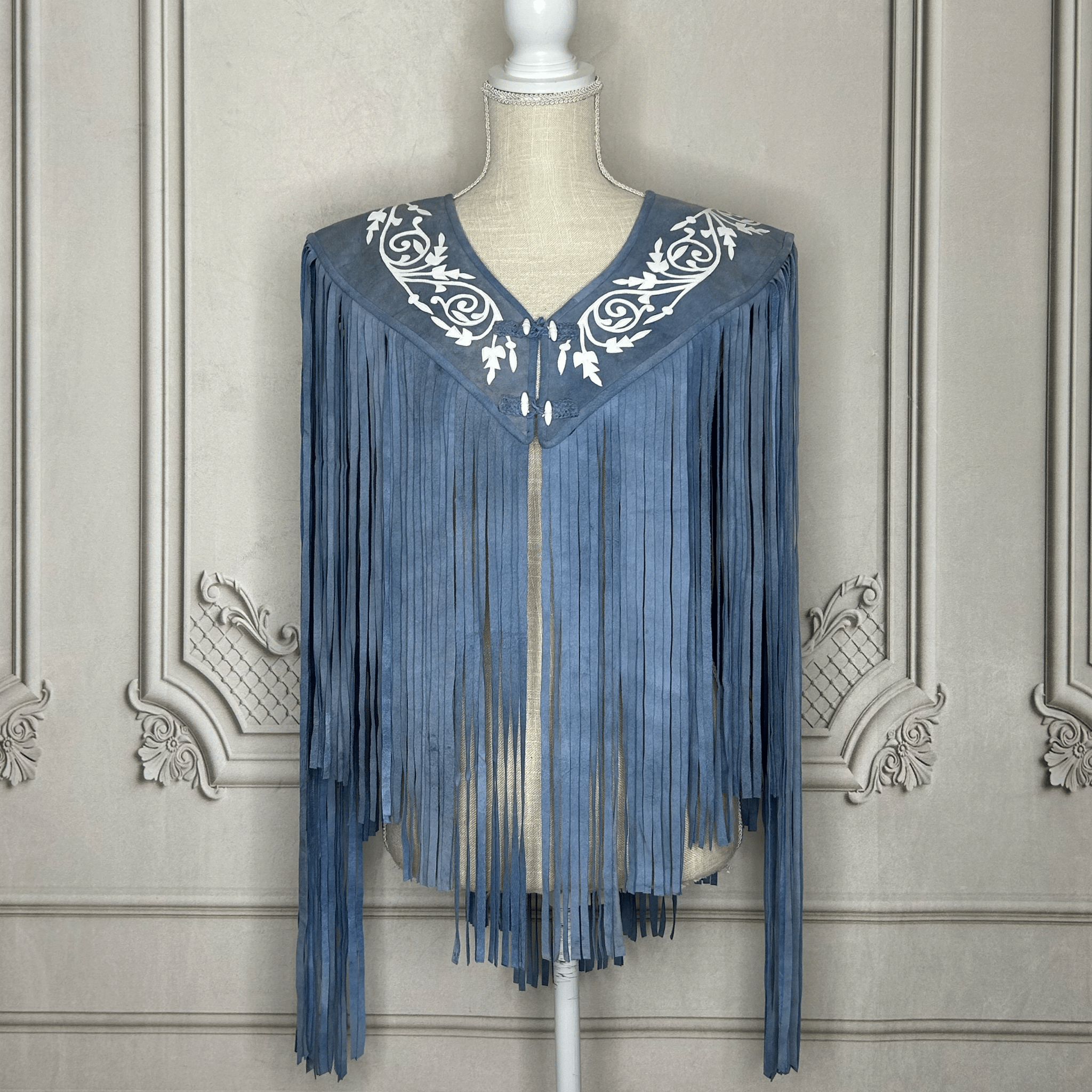 Chalina Tamaulipeca Leather Fringed Cape - Denim w/ White Chalina Tamaulipeca Leather Fringed Cape - Denim w/ White
