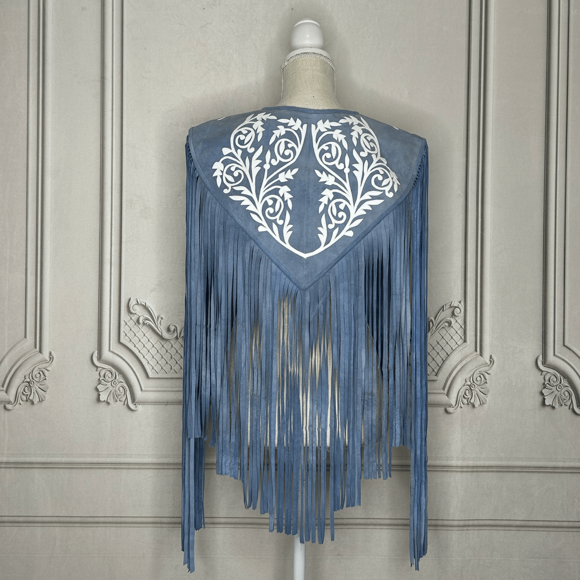 Chalina Tamaulipeca Leather Fringed Cape - Denim w/ White Chalina Tamaulipeca Leather Fringed Cape - Denim w/ White