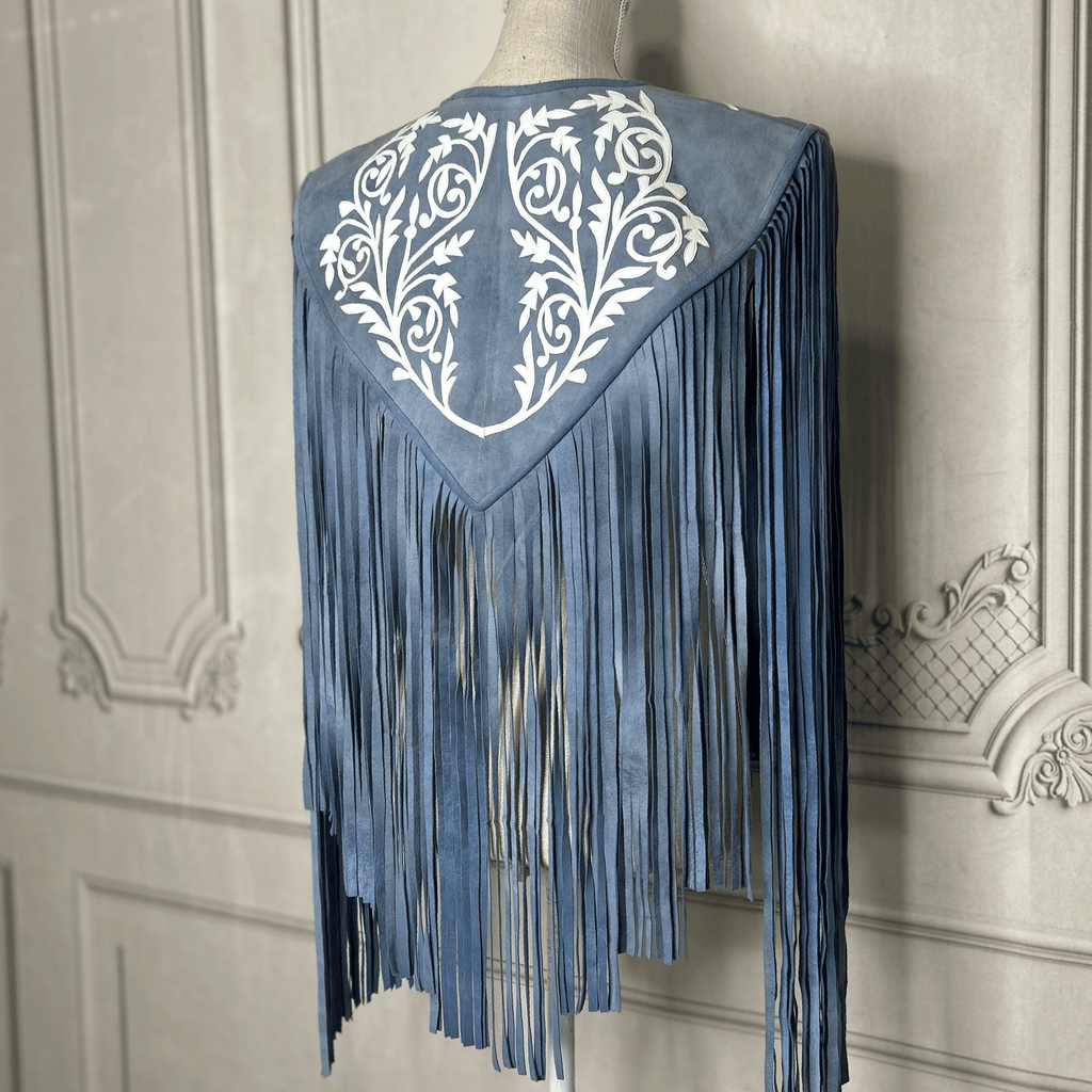 Chalina Tamaulipeca Leather Fringed Cape - Denim w/ White Chalina Tamaulipeca Leather Fringed Cape - Denim w/ White