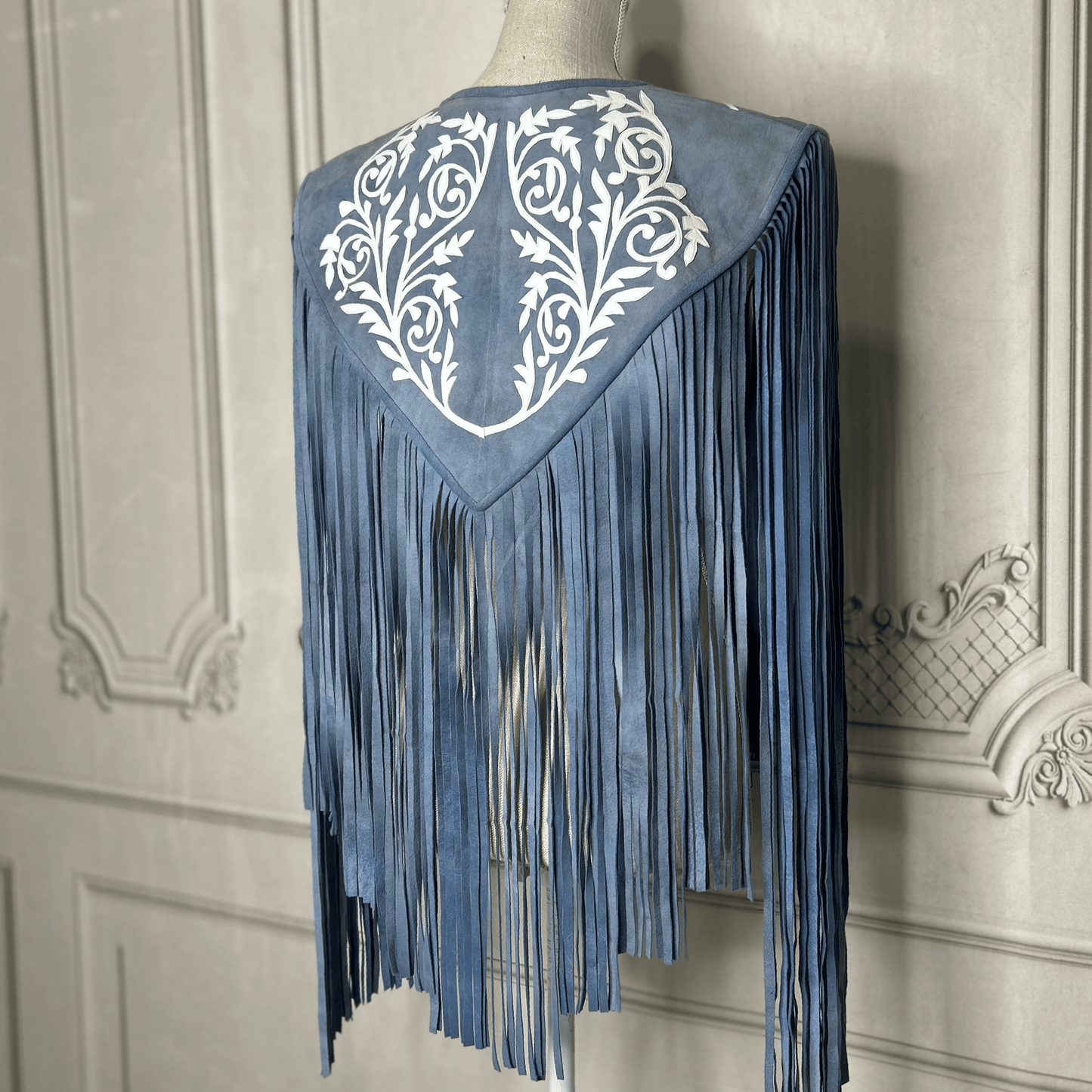 Chalina Tamaulipeca Leather Fringed Cape - Denim w/ White Chalina Tamaulipeca Leather Fringed Cape - Denim w/ White