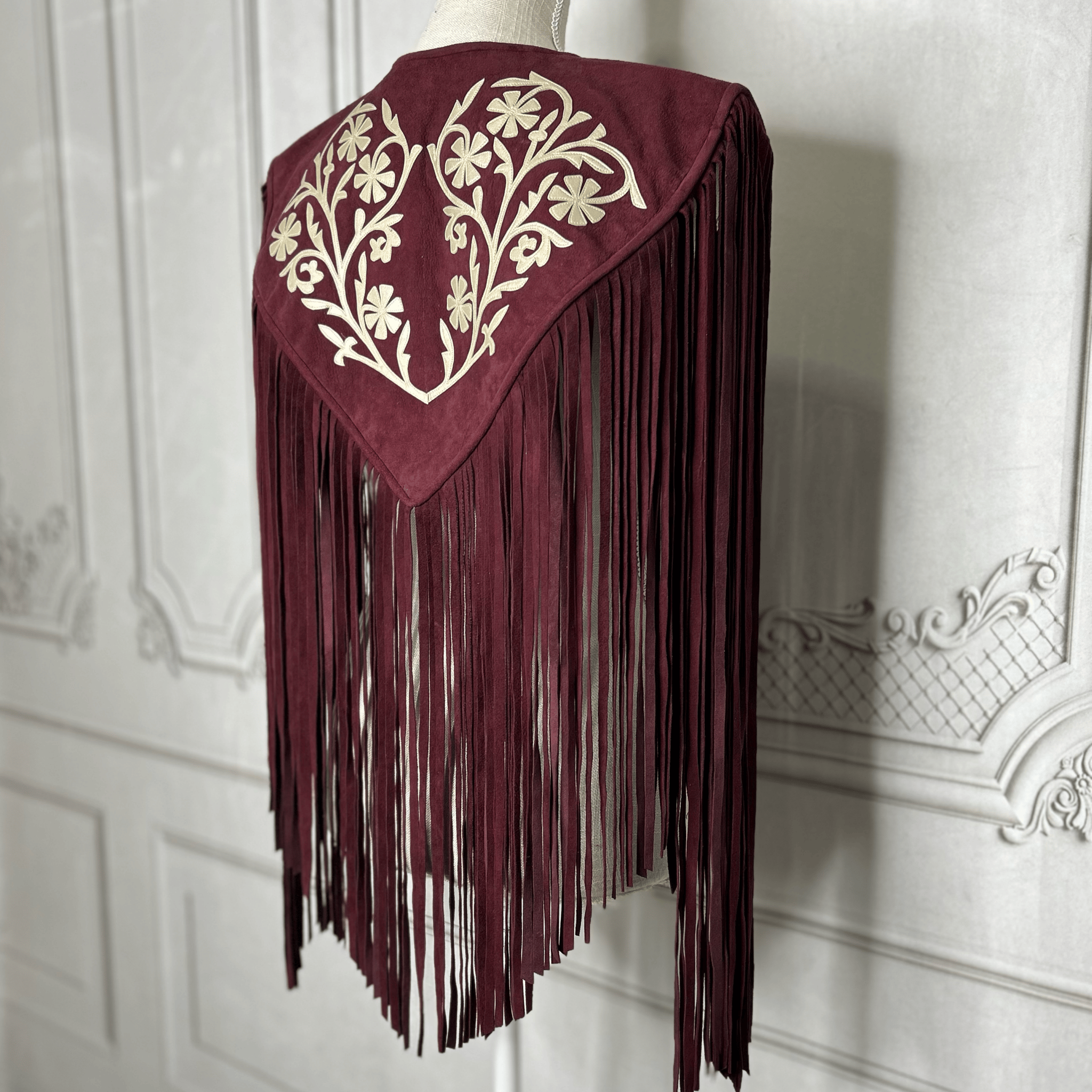 Chalina Tamaulipeca Leather Fringed Cape - Maroon w/ Gold Chalina Tamaulipeca Leather Fringed Cape - Maroon w/ Gold