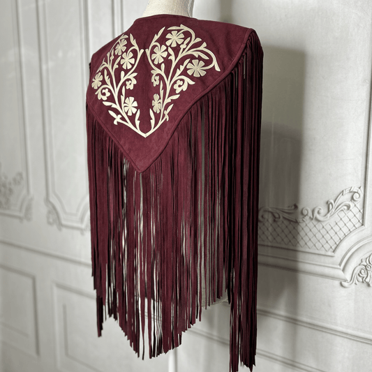 Chalina Tamaulipeca Leather Fringed Cape - Maroon w/ Gold Chalina Tamaulipeca Leather Fringed Cape - Maroon w/ Gold