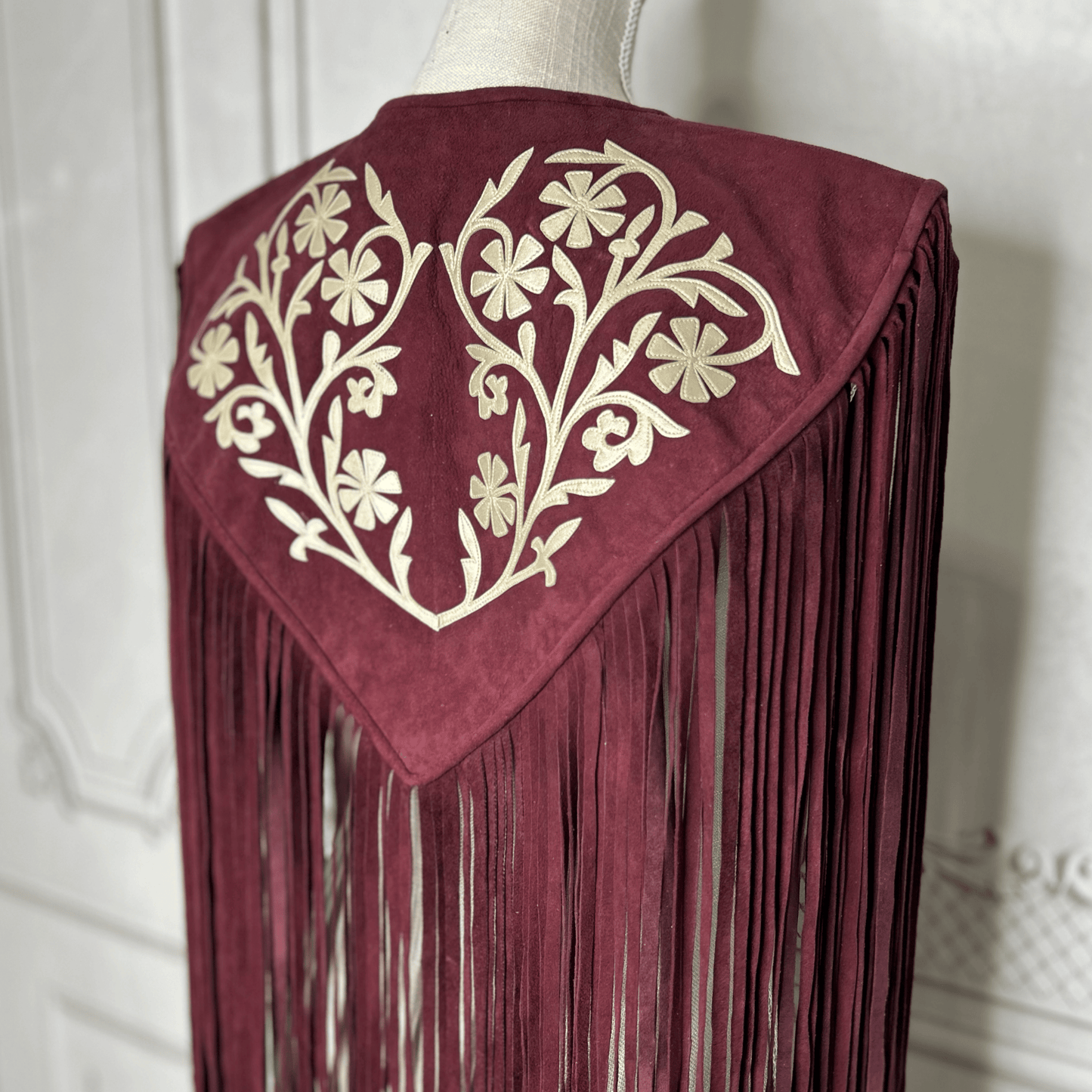 Chalina Tamaulipeca Leather Fringed Cape - Maroon w/ Gold Chalina Tamaulipeca Leather Fringed Cape - Maroon w/ Gold