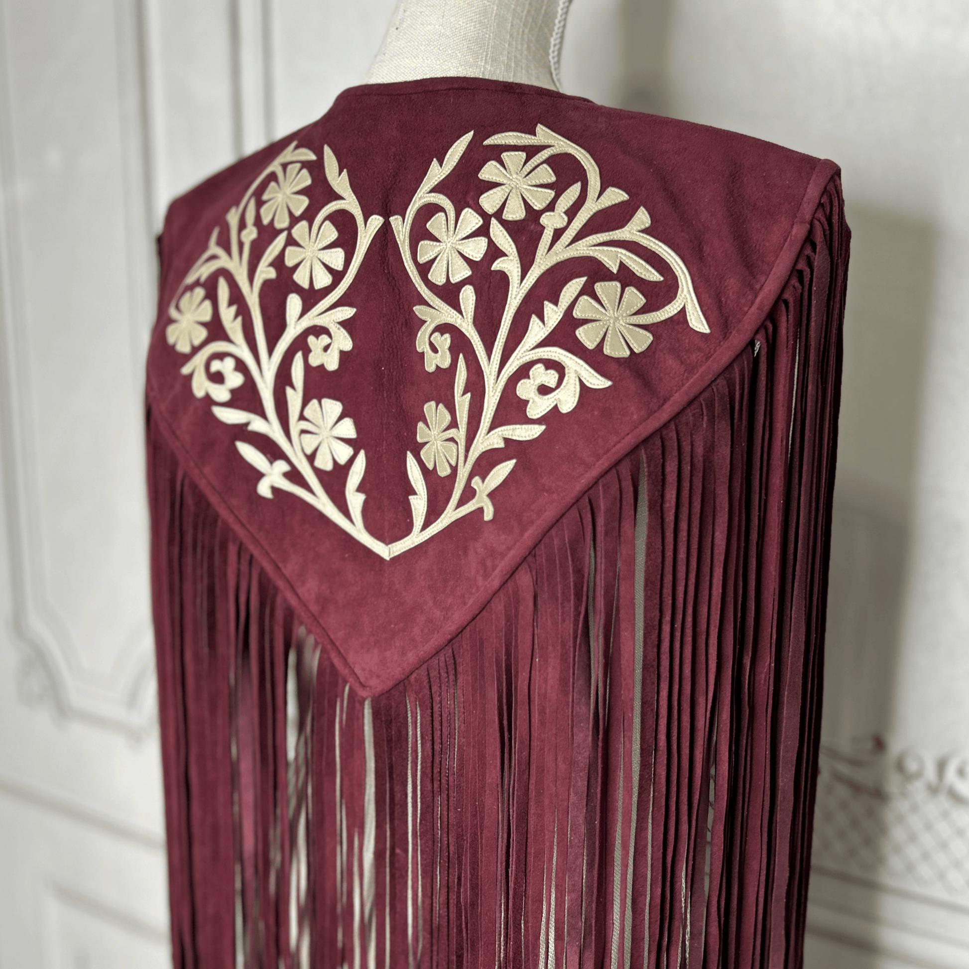 Chalina Tamaulipeca Leather Fringed Cape - Maroon w/ Gold Chalina Tamaulipeca Leather Fringed Cape - Maroon w/ Gold