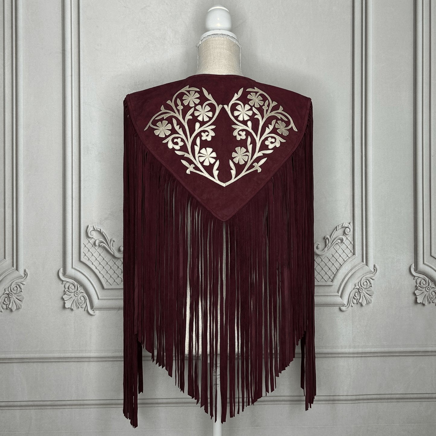 Chalina Tamaulipeca Leather Fringed Cape - Maroon w/ Gold Chalina Tamaulipeca Leather Fringed Cape - Maroon w/ Gold