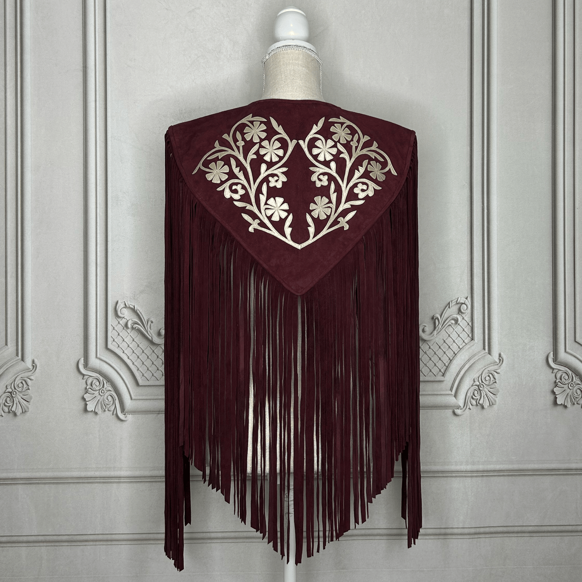 Chalina Tamaulipeca Leather Fringed Cape - Maroon w/ Gold Chalina Tamaulipeca Leather Fringed Cape - Maroon w/ Gold