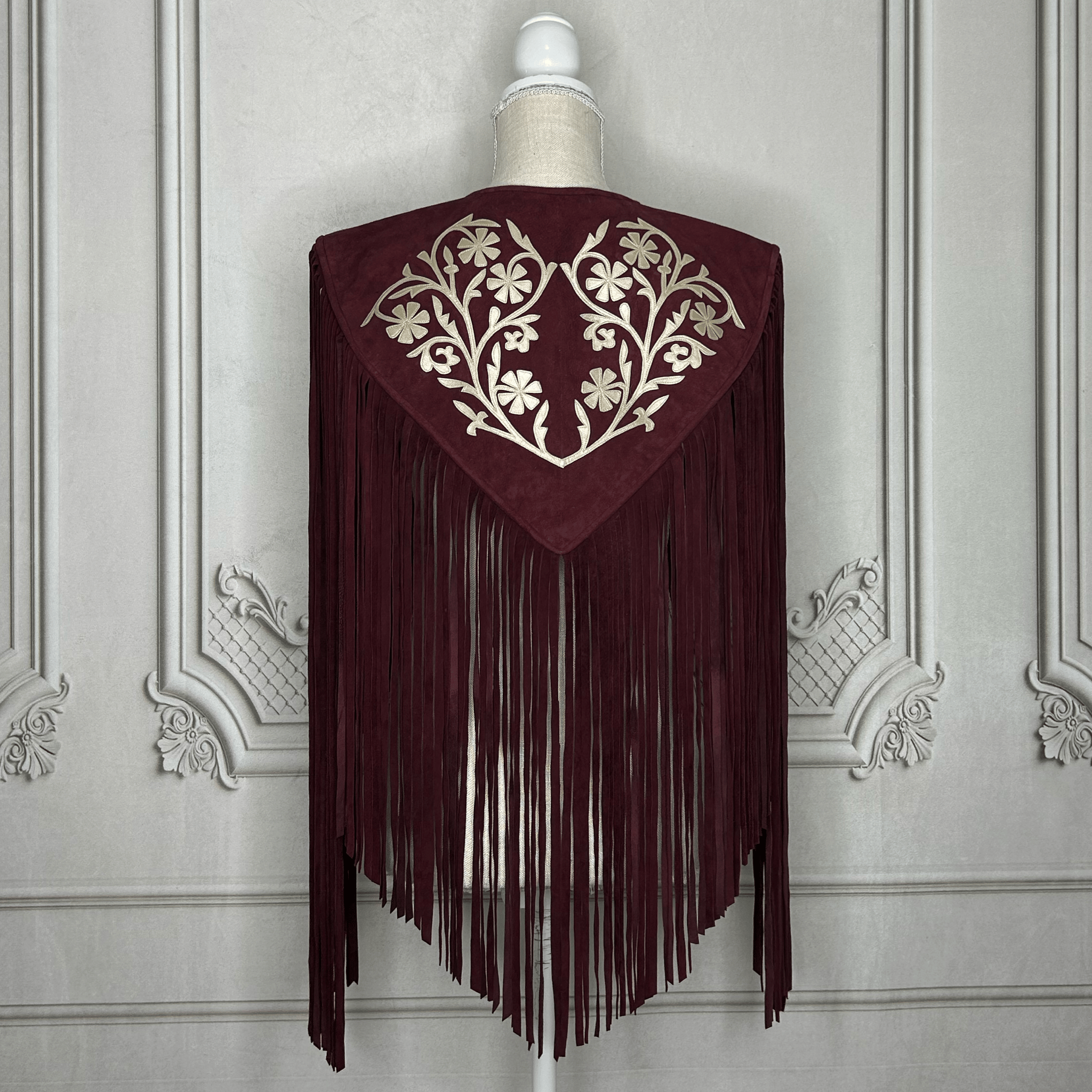 Chalina Tamaulipeca Leather Fringed Cape - Maroon w/ Gold Chalina Tamaulipeca Leather Fringed Cape - Maroon w/ Gold