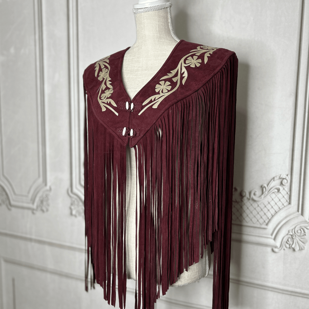 Chalina Tamaulipeca Leather Fringed Cape - Maroon w/ Gold Chalina Tamaulipeca Leather Fringed Cape - Maroon w/ Gold