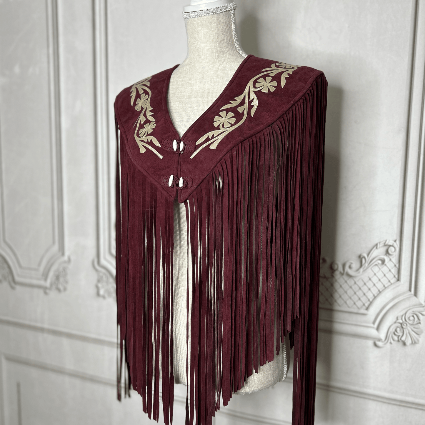 Chalina Tamaulipeca Leather Fringed Cape - Maroon w/ Gold Chalina Tamaulipeca Leather Fringed Cape - Maroon w/ Gold