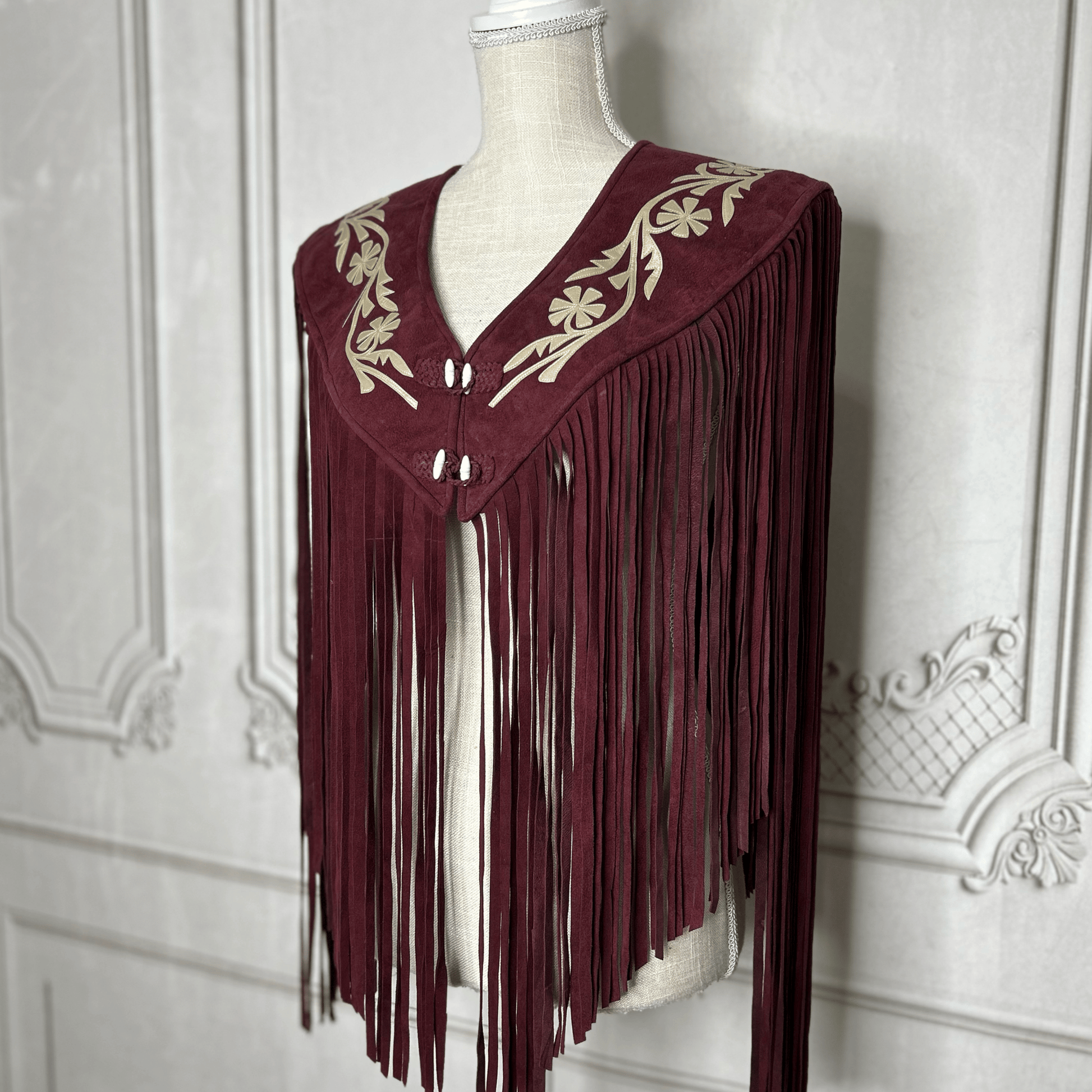 Chalina Tamaulipeca Leather Fringed Cape - Maroon w/ Gold Chalina Tamaulipeca Leather Fringed Cape - Maroon w/ Gold