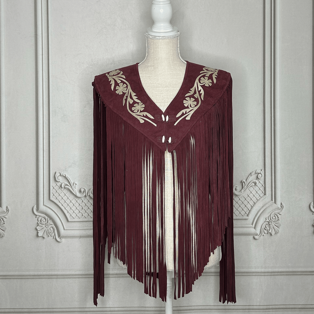 Chalina Tamaulipeca Leather Fringed Cape - Maroon w/ Gold Chalina Tamaulipeca Leather Fringed Cape - Maroon w/ Gold