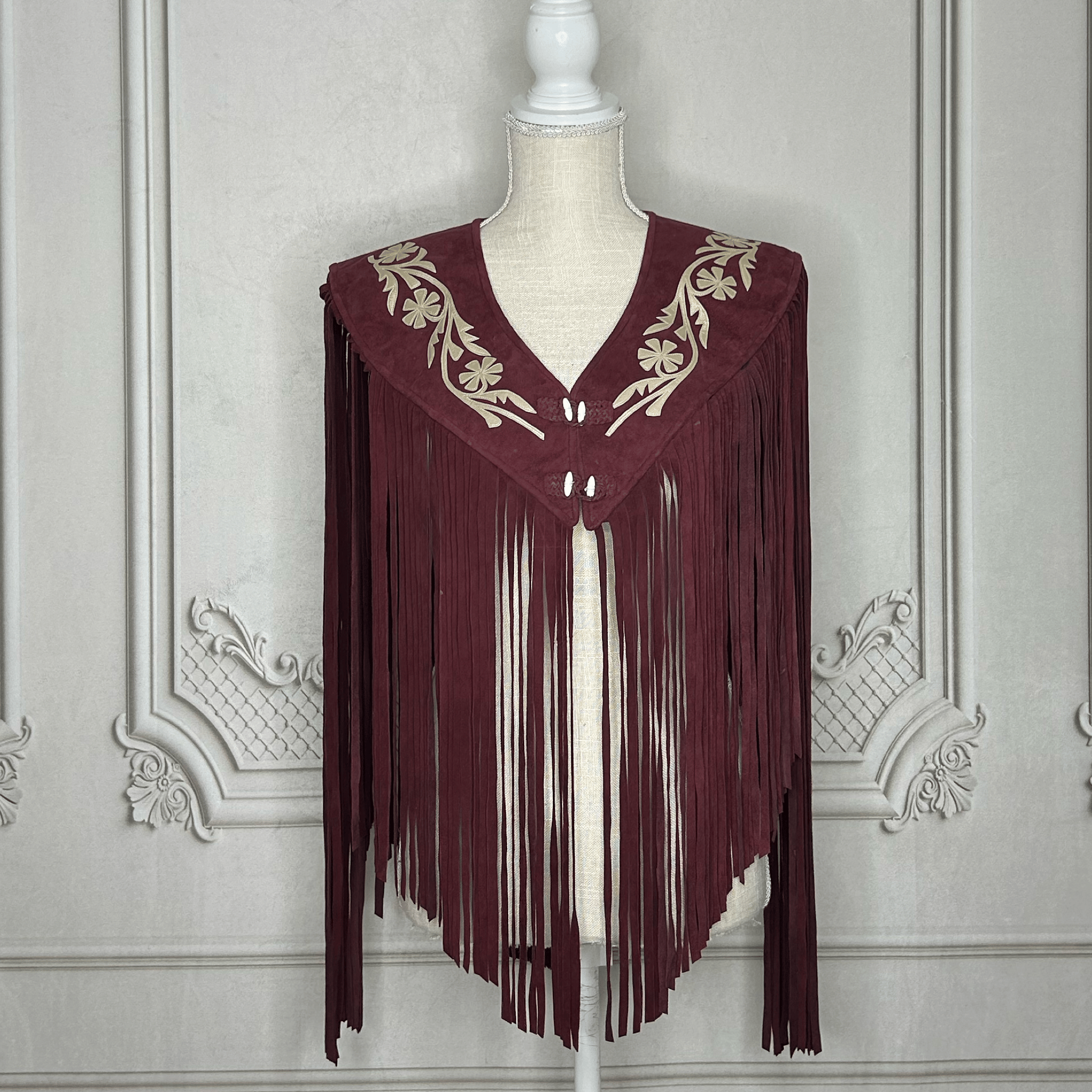 Chalina Tamaulipeca Leather Fringed Cape - Maroon w/ Gold Chalina Tamaulipeca Leather Fringed Cape - Maroon w/ Gold